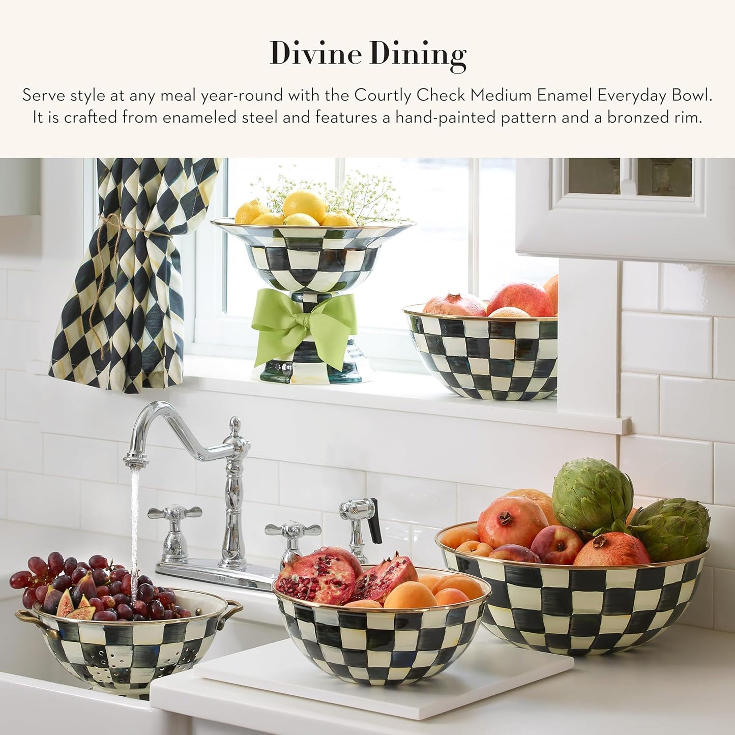 MACKENZIE-CHILDS Enamel Everyday Bowl, Serving Bowl for Entertaining, Medium, Black-and-White Courtly Check, Set of 1