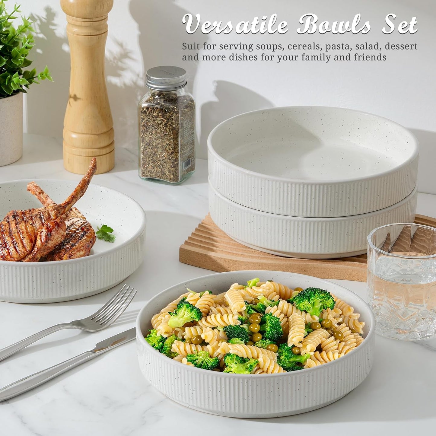 E-far Pasta Bowls Set of 4, 35oz Large Salad Bowl Plate for Dinner Serving Soup, Wide & Shallow Ceramic Stoneware Pasta Plates, Microwave & Dishwasher Safe, Textured Stripes & Speckled White, 8”