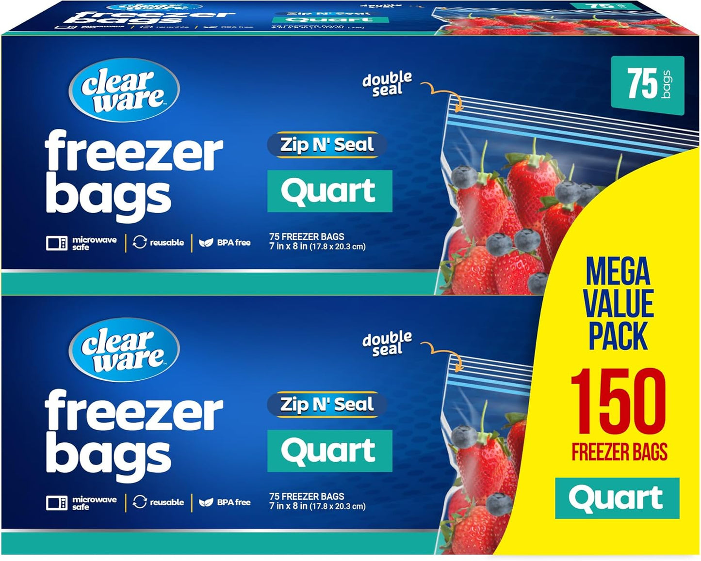 Quart Freezer Bags - Double Zipper Seal -150 Count, (2 Packs of 75) Resealable Plastic Freezer Containers - Reusable Pouches for Food Storage, Meat, Fresh Vegetables, Fruit - Microwave-Safe, BPA Free