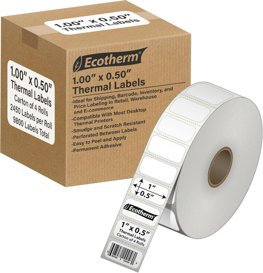 1" x .5" Thermal Labels | 4 Rolls | 9800 Labels | fits Zebra, Godex, Arkscan, iDPRT, Offnova Thermal Label Printers and More | Blank White Adhesive Stickers by Ecotherm