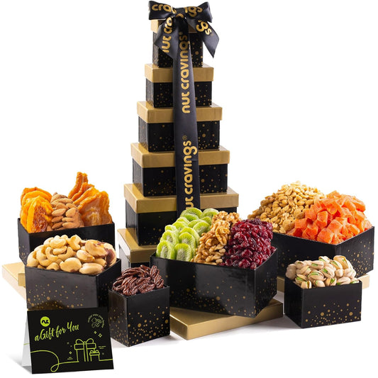 NUT CRAVINGS - Dried Fruit & Mixed Nuts Gift Basket in Black Tower + Ribbon (12 Assortments) Food Arrangement, Healthy Snack Care Package, Food Assortments