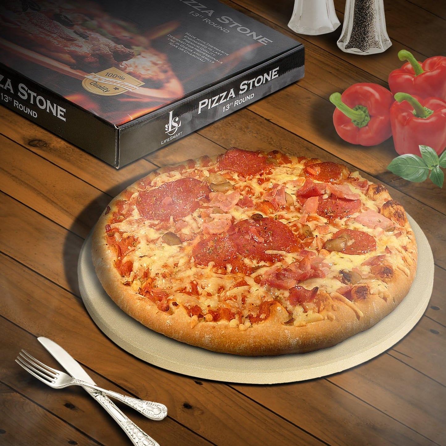 LifeSmart Pizza Stone and Scraper 13 inches Ideal for Crispy Crusts Heat Safe for Use on Grills and in Ovens Certified Safe Includes Scraper