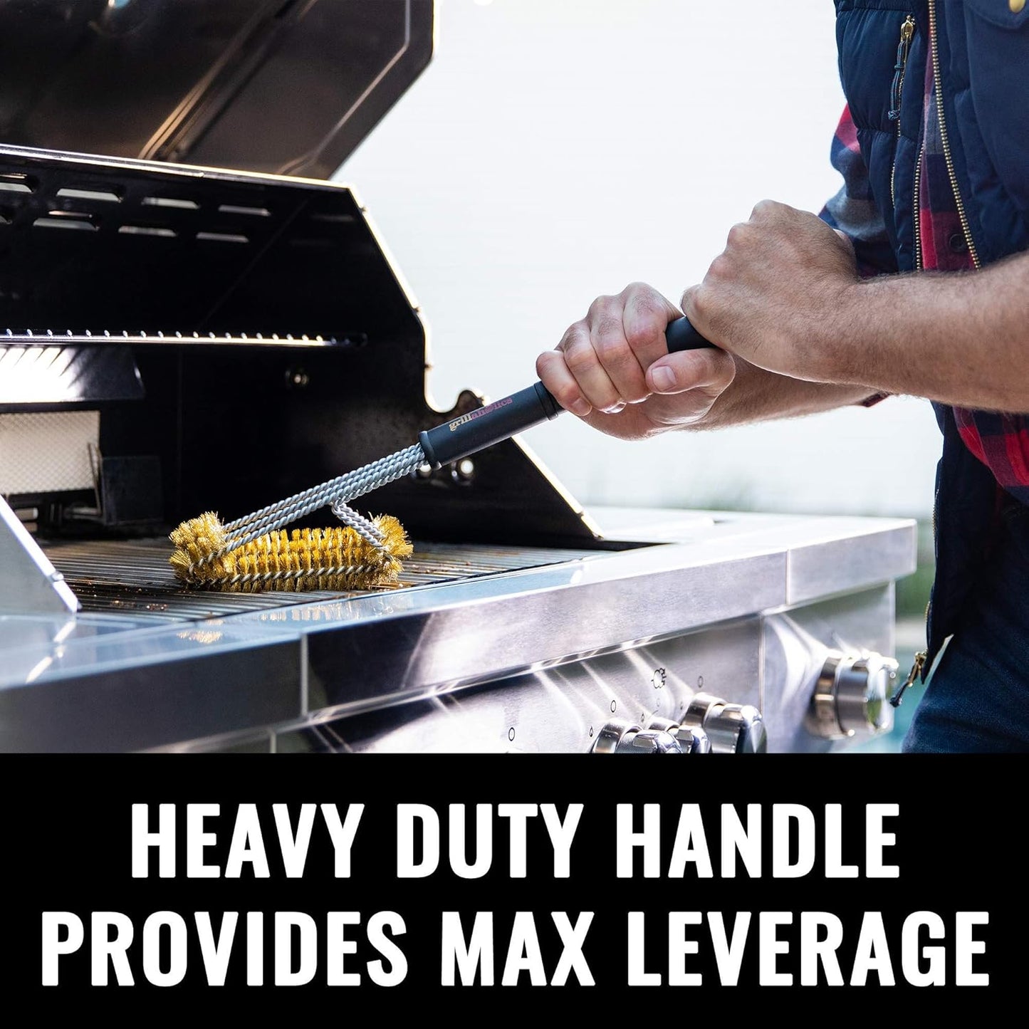 Grillaholics Brass Grill Brush – Safe BBQ Brush for Outdoor Cooking – Heavy-Duty Soft Bristle Grill Cleaning Tool for Porcelain & Ceramic Grates