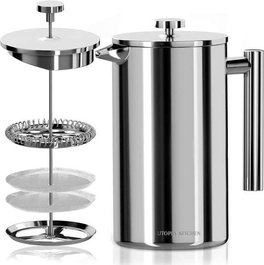 Utopia Kitchen Stainless Steel French Press Coffee Maker 50 Oz, French Press Tea Maker, Cold Brew Portable Travel Coffee Presses, Tea Press Gifts Silver