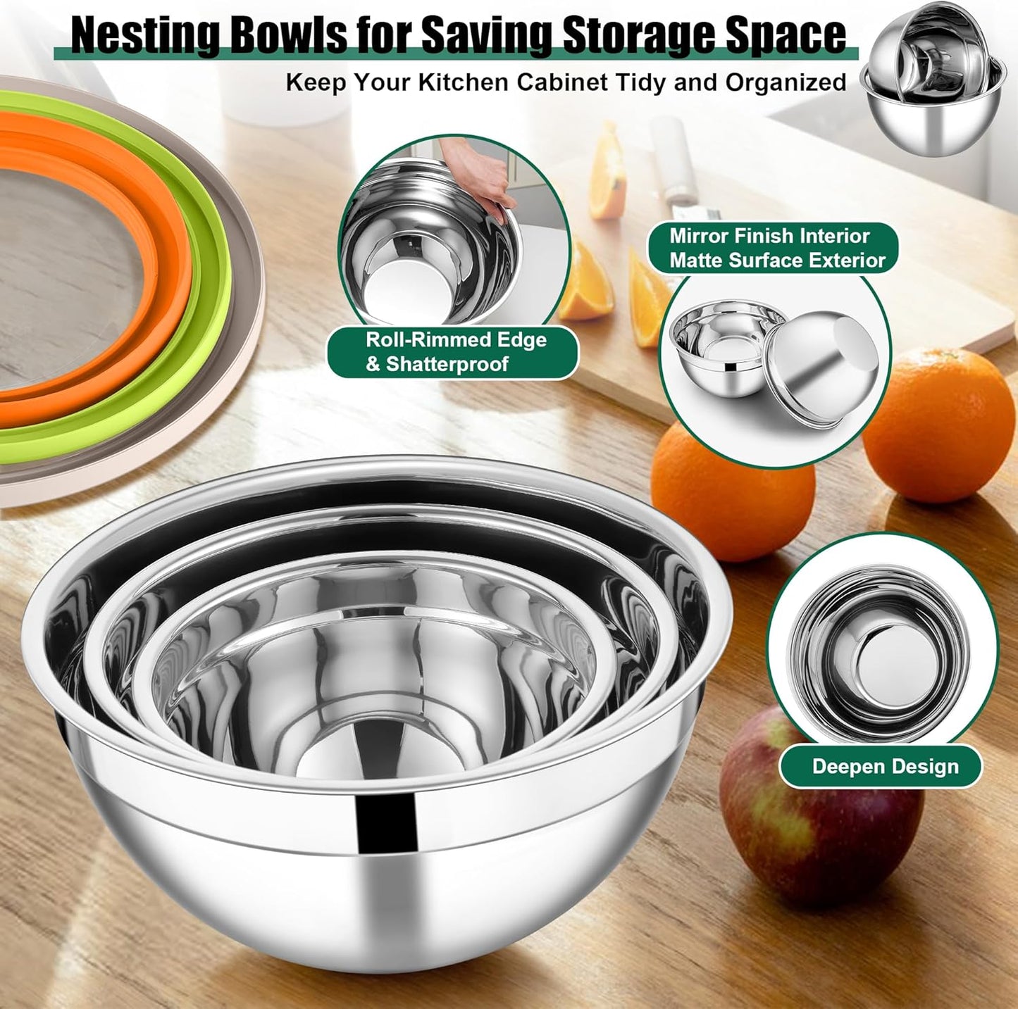 E-far Mixing Bowls with Lids and Graters, Stainless Steel Salad Mixing Bowl with Transparent Lid Set of 3, Metal Nesting Salad Storage for Kitchen Prepping/Serving/Baking, 4.6/2.6/1.5QT - Colorful