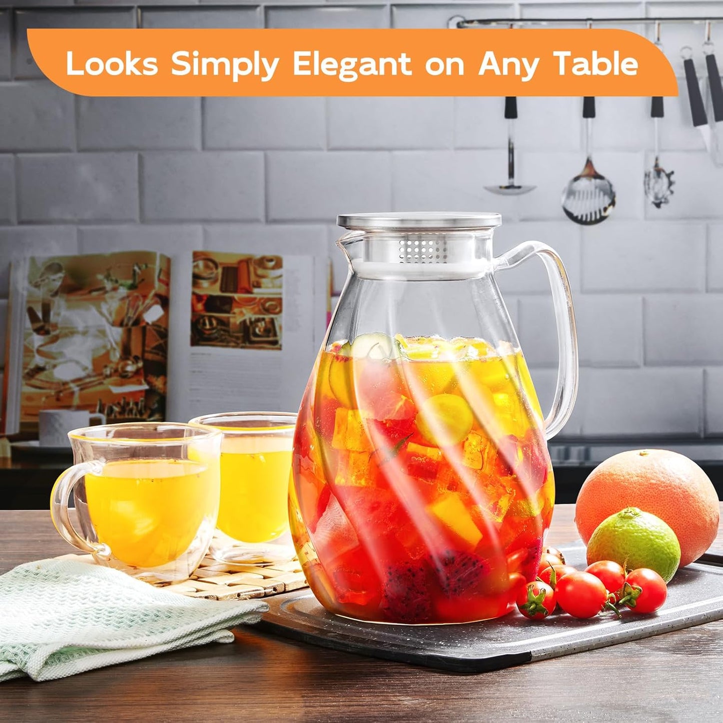 DRASTAR Glass Pitcher with Lid, 2.2L Water Pitcher, 74oz Tea Pitcher for Drinks, Borosilicate Glass Water Jug Cold Or Hot Beverages, Lemonade Pitcher, Glass Water Carafe With Lid