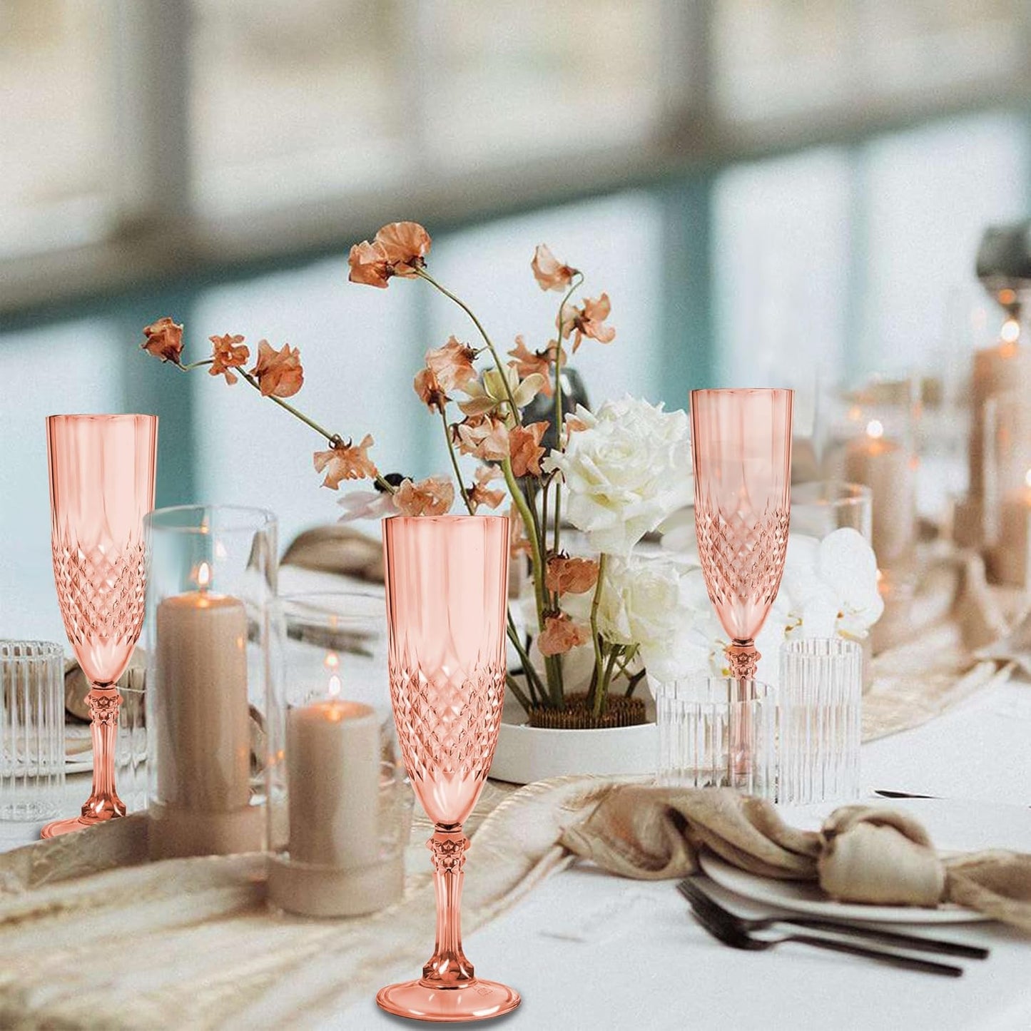 Plastic Champagne Flutes, 24PCS Rose Gold Plastic Wine Glasses Goblets Reusable Champagne Flute for Weddings, Bachelor Parties, Toasting, and Events(24,Rose Gold)