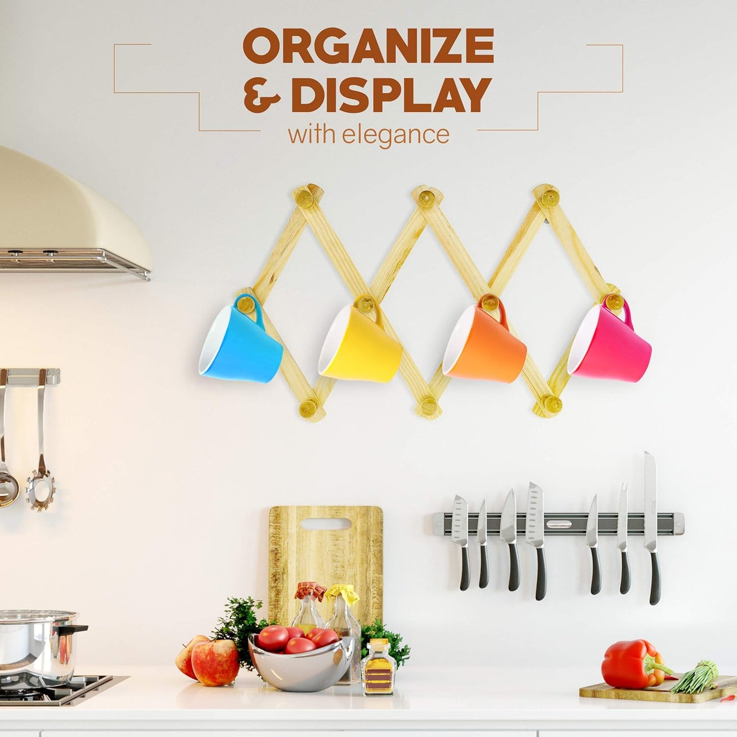 Set of 4 RAM-PRO Accordion Style Wood Expandable Wall Rack for Hat, Cap, Belt, Umbrella Coffee Mug Jewelry Hanging Wooden Pegs