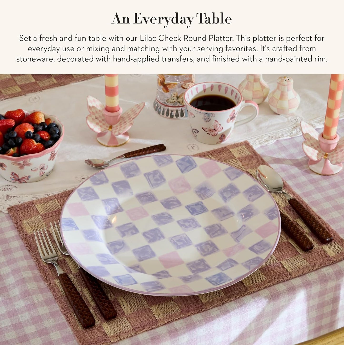 MACKENZIE-CHILDS Round Platter, Dishwasher-Safe and Microwave-Safe Stoneware Serving Platter, Lilac Check