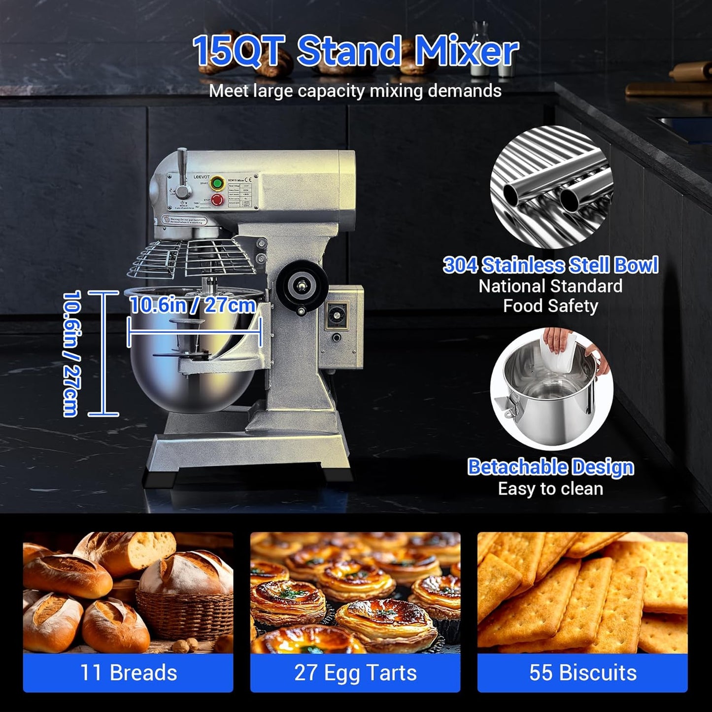 Commercial Food Mixer 15Qt,600W Commercial mixer 3-Speed Adjustable with Timing Function, Industrial Dough Mixer with Stainless Steel Bowl for Bakery Pizzeria (Upgrade)