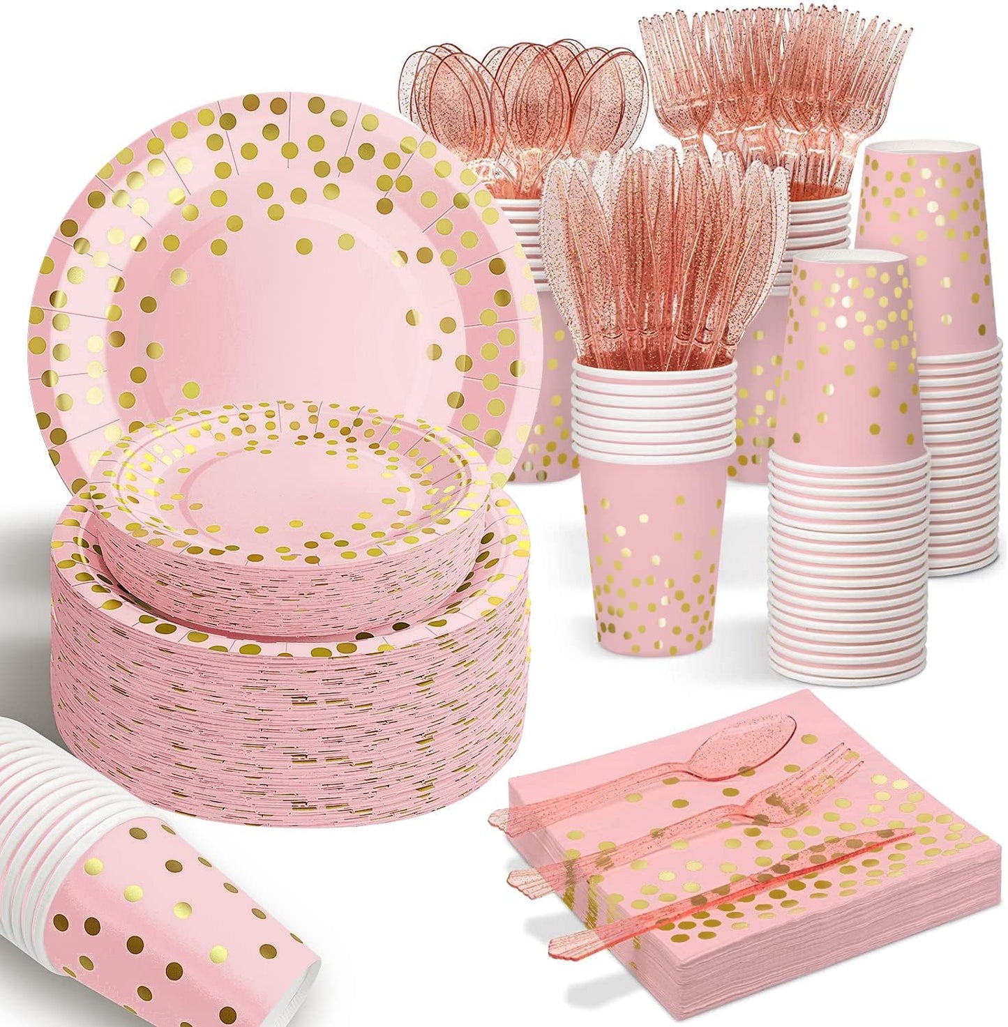 AIRE 175PCS Pink Rose Gold Plates Party Supplies Severs 25 Guests Disposable Party Decorations, Plastic Forks Knives Spoons, Golden Dot Paper Plates Napkins Cups for Baby Shower Birthday Wedding
