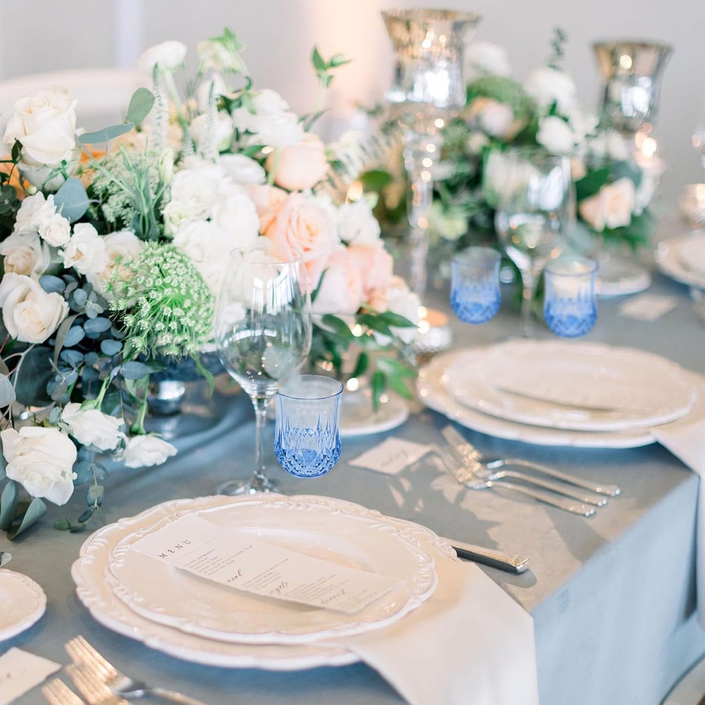 48 PCS Blue Stemless Wine Glasses，Plastic Reusable Cups 9OZ Vintage Drinking Glasses Tumblers for Whisky, Beer, Juice, Beverages, Cocktai