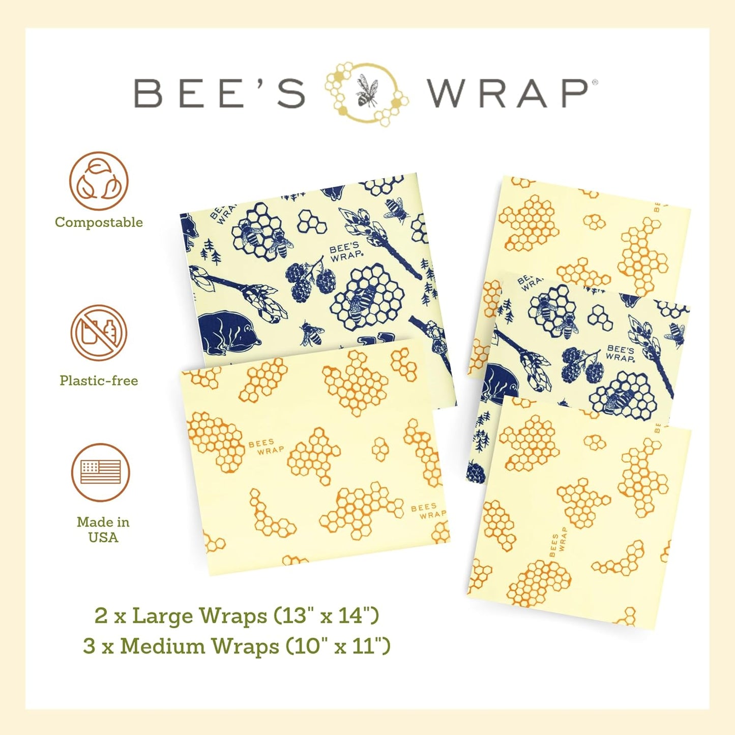 Bee's Wrap Beeswax Wraps for Food - Honeycomb & Bees + Bears Assorted 5 Pack (2L, 3M) Made in USA Reusable & Organic Food Wraps & Bowl Covers - Eco-Friendly Alternative to Aluminum Foil & Plastic Wrap