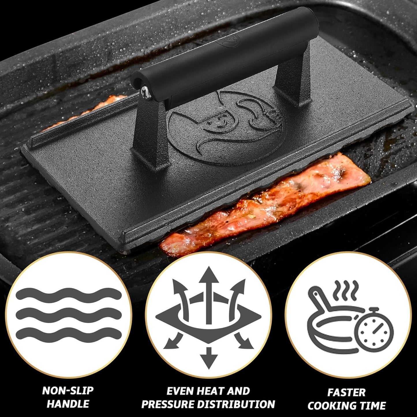 3lb Cast Iron Grill Press, Heavy Duty Smash Burger Press for Griddle Heat Resistant Handle, Burger Smasher, Hamburger Press, Grill Press for Griddle, Bacon Press Meat Press, BBQ Grill Accessories