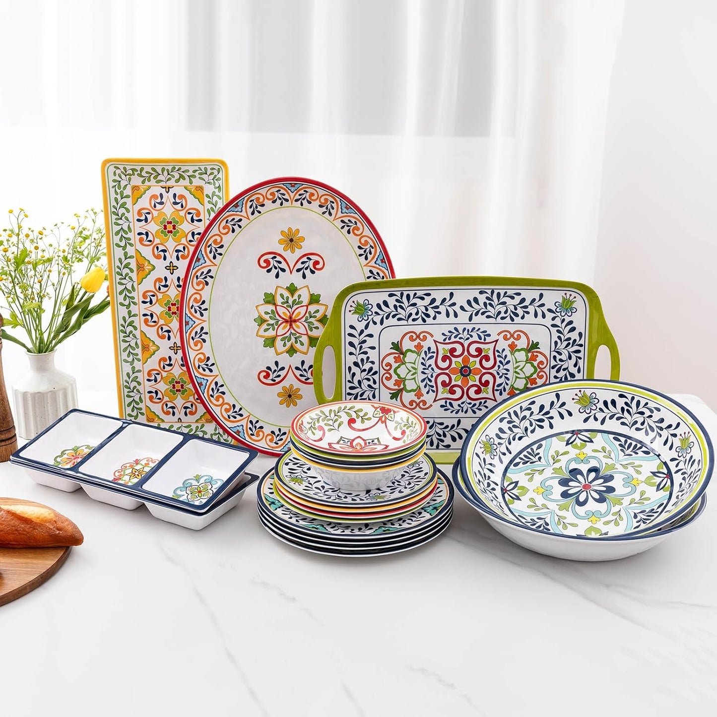 3-Section Divided Serving Trays, Talavera 14.75”x 6” Unbreakable Melamine Serving Platter for Serving Food, 3 Compartment Condiment Tray, Rectangular Condiment Server Set of 2