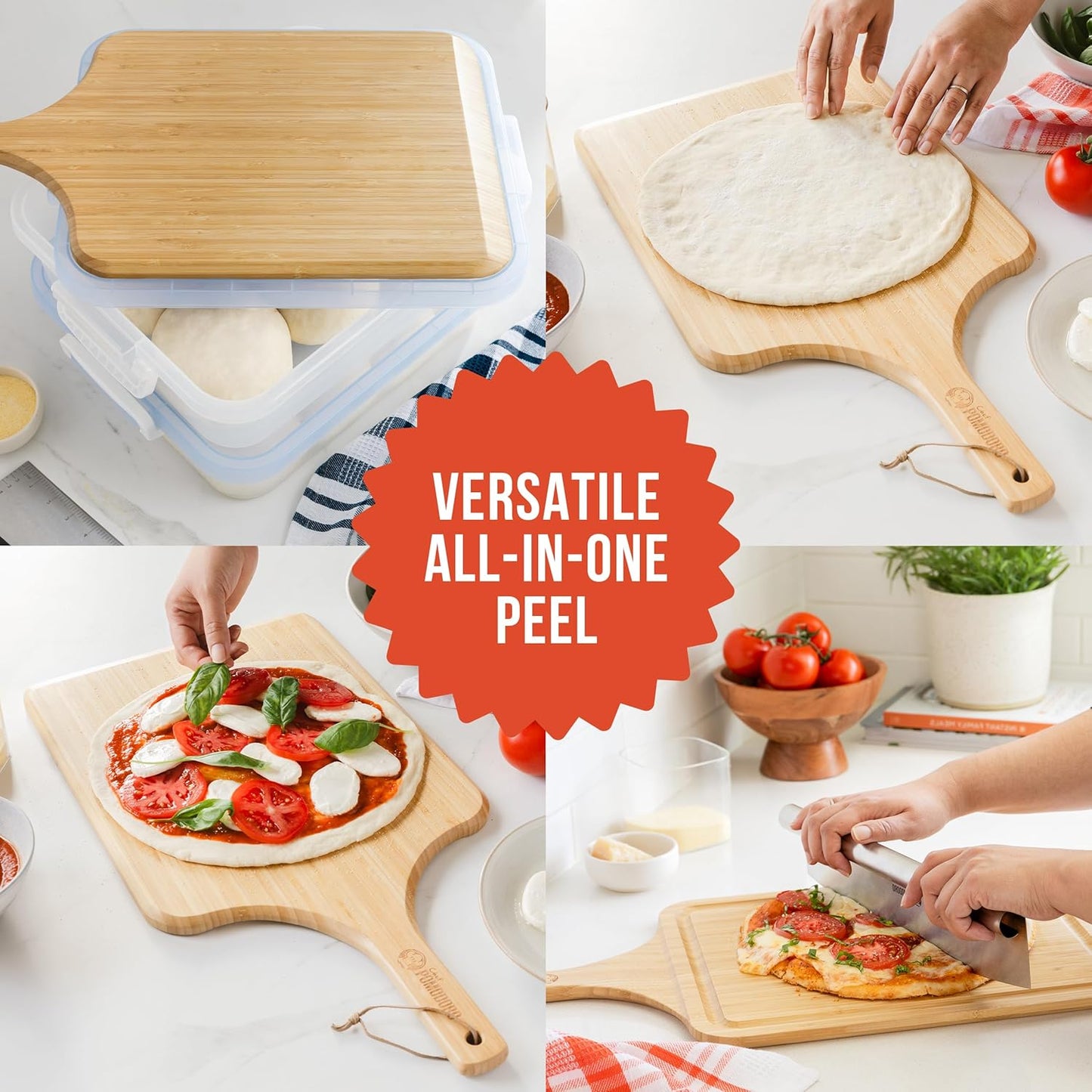 Chef Pomodoro 2-in-1 Bamboo Pizza Peel - Cutting & Serving Board | 12" Perfect Dough Transition & Space-Saving Design for Pizza Prep & Serving | Nestles with Dough Boxes