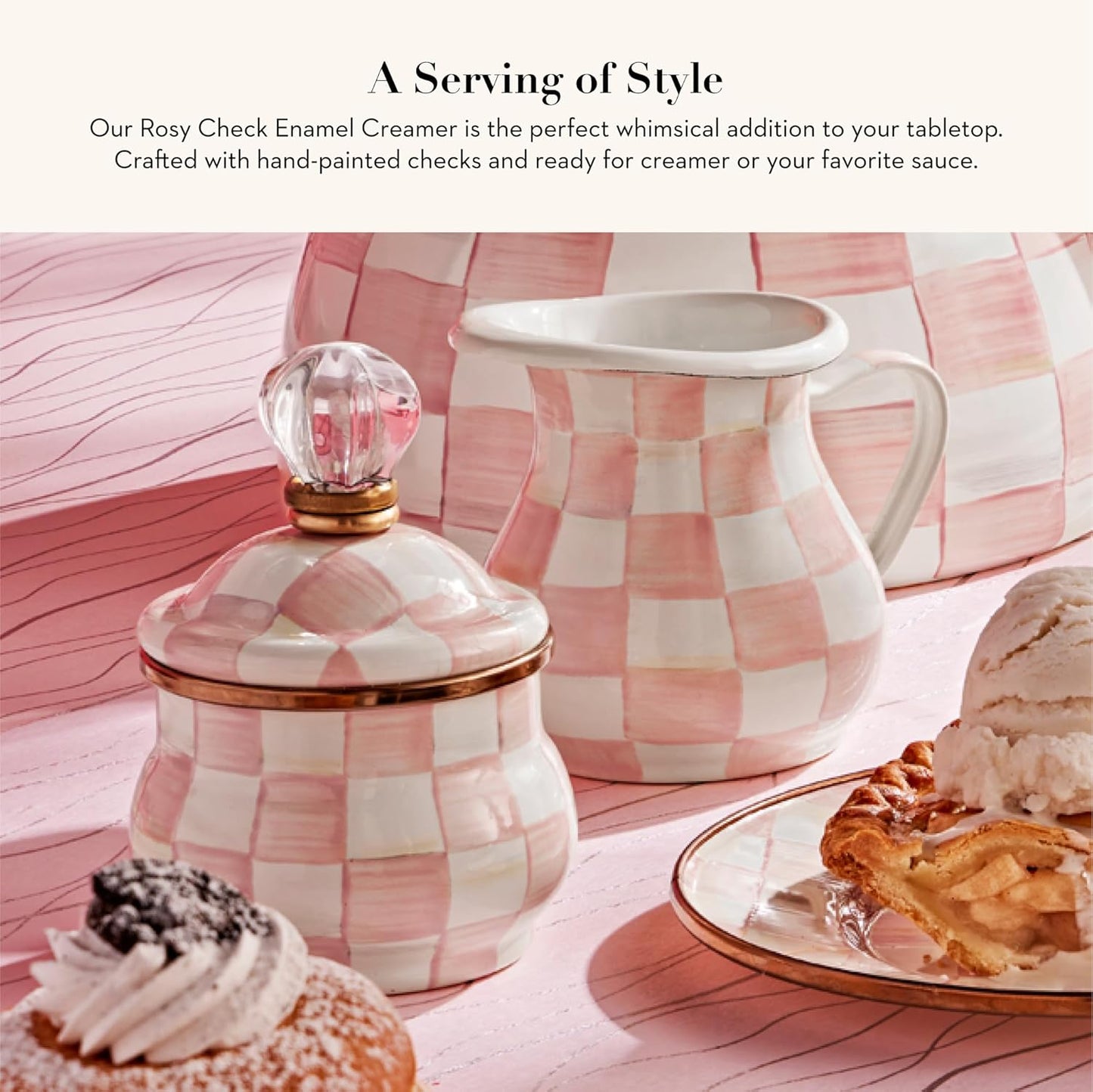 MACKENZIE-CHILDS Enamel Creamer, Creamer Dispenser with Pour Spout, Kitchen Enamelware, Pink-and-White Rosy Check
