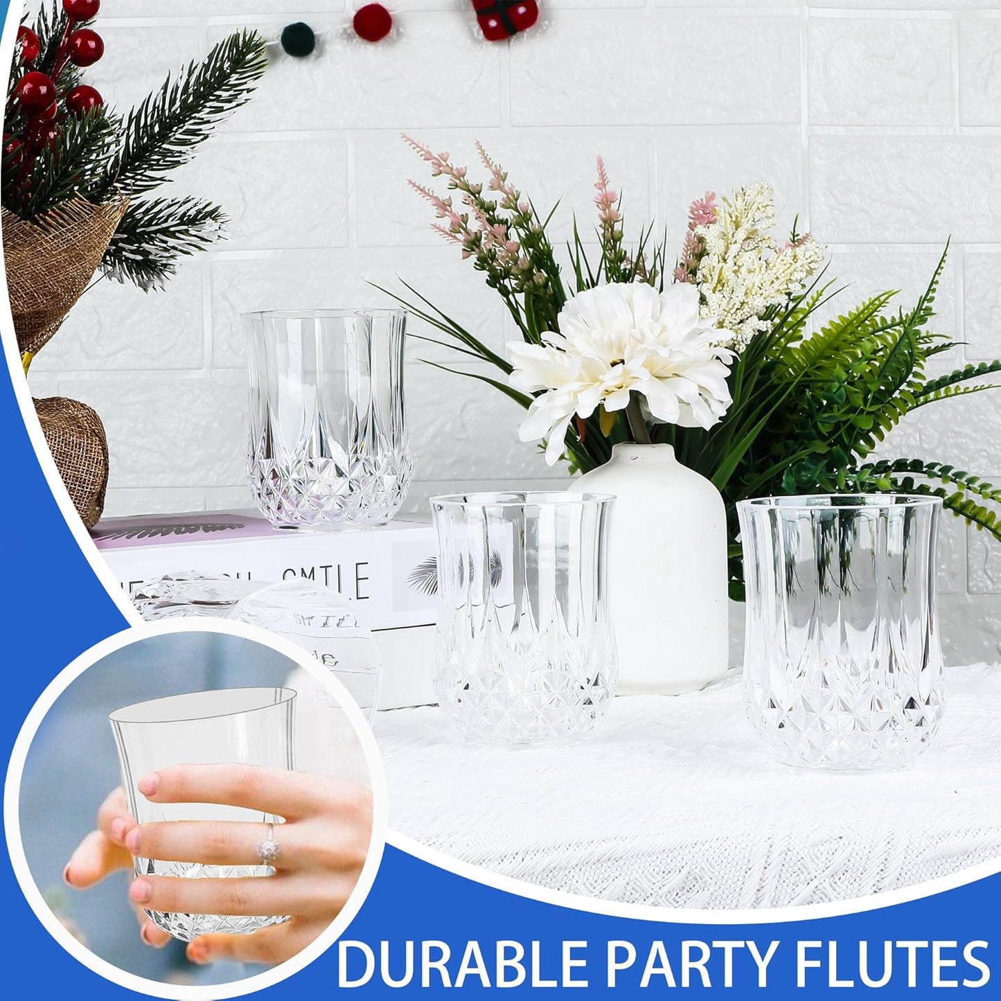 48 PCS Transparent Stemless Wine Glasses，Plastic Reusable Cups 9OZ Vintage Drinking Glasses Tumblers for Whisky, Beer, Juice, Beverages, Cocktai