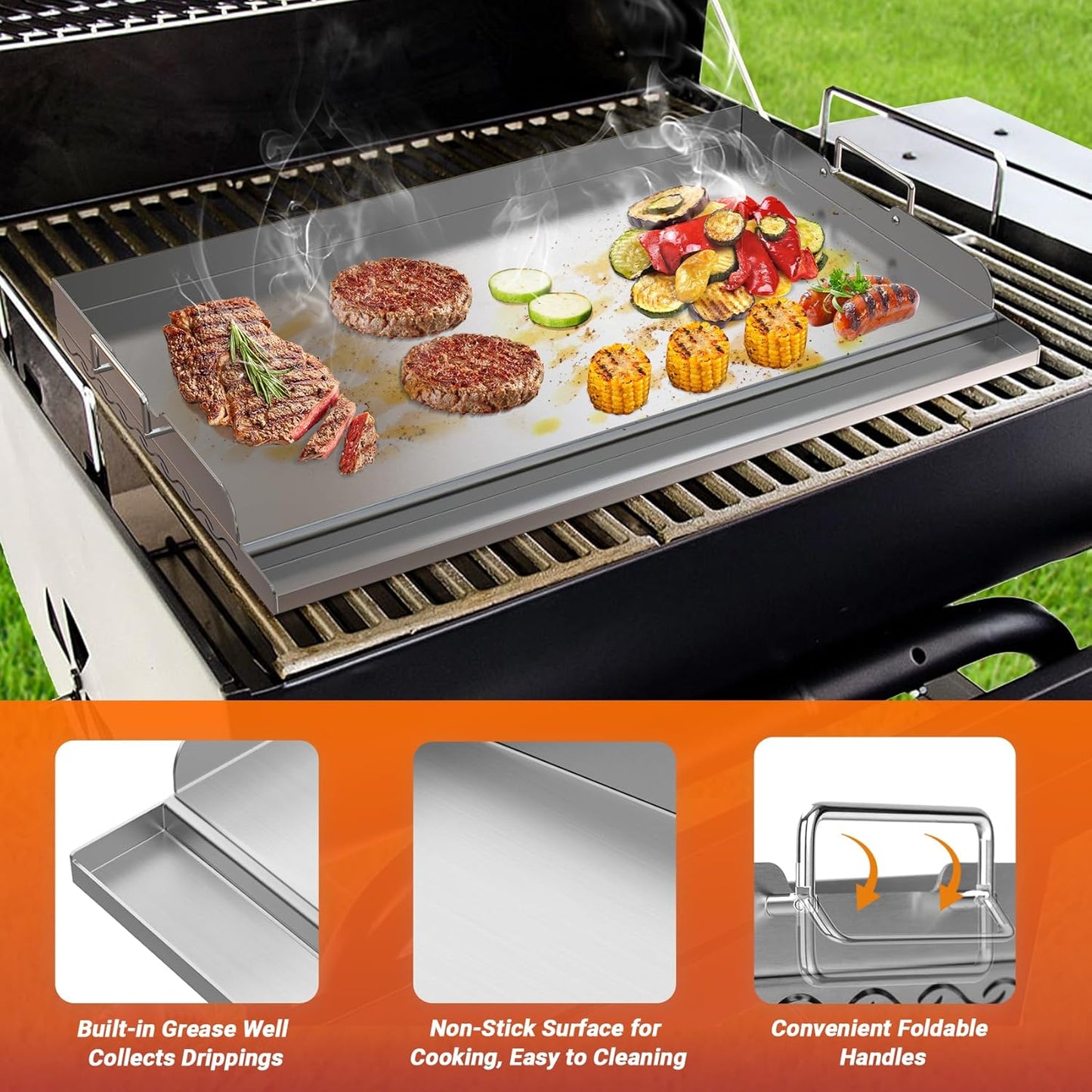Skyflame 25"x16" Stainless Steel Griddle Plate for BBQ, Hibachi, Flat Top Grill with Even Heating, Grease Groove, Foldable Handles, Ideal for Charcoal/Gas Grills, Camping, Tailgating, Outdoor Cooking