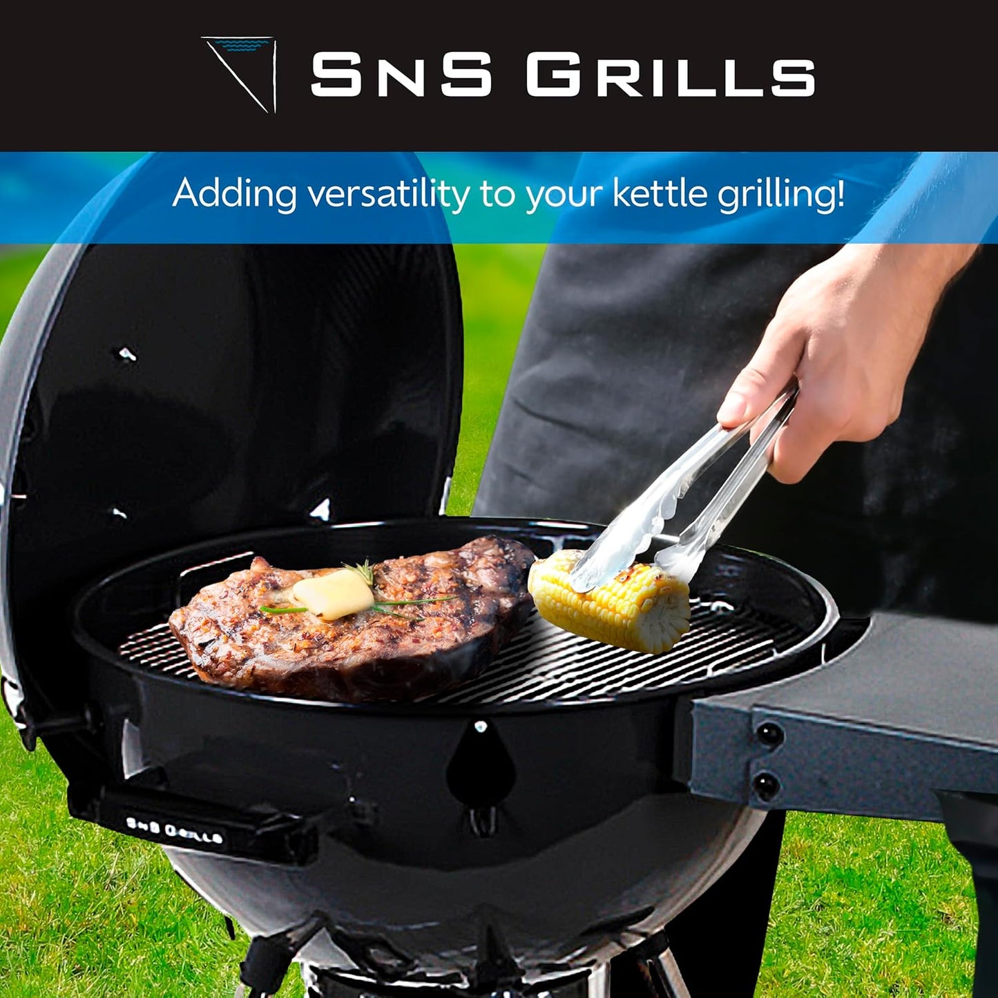 SnS Grills Slow ‘N Sear EasySpin Charcoal Grill Cooking Grate - Compatible with Weber and Other Grills, 2-Zone Stainless Steel Hinged Replacement - Tailgating & Backyard Cooking - 24” Inches