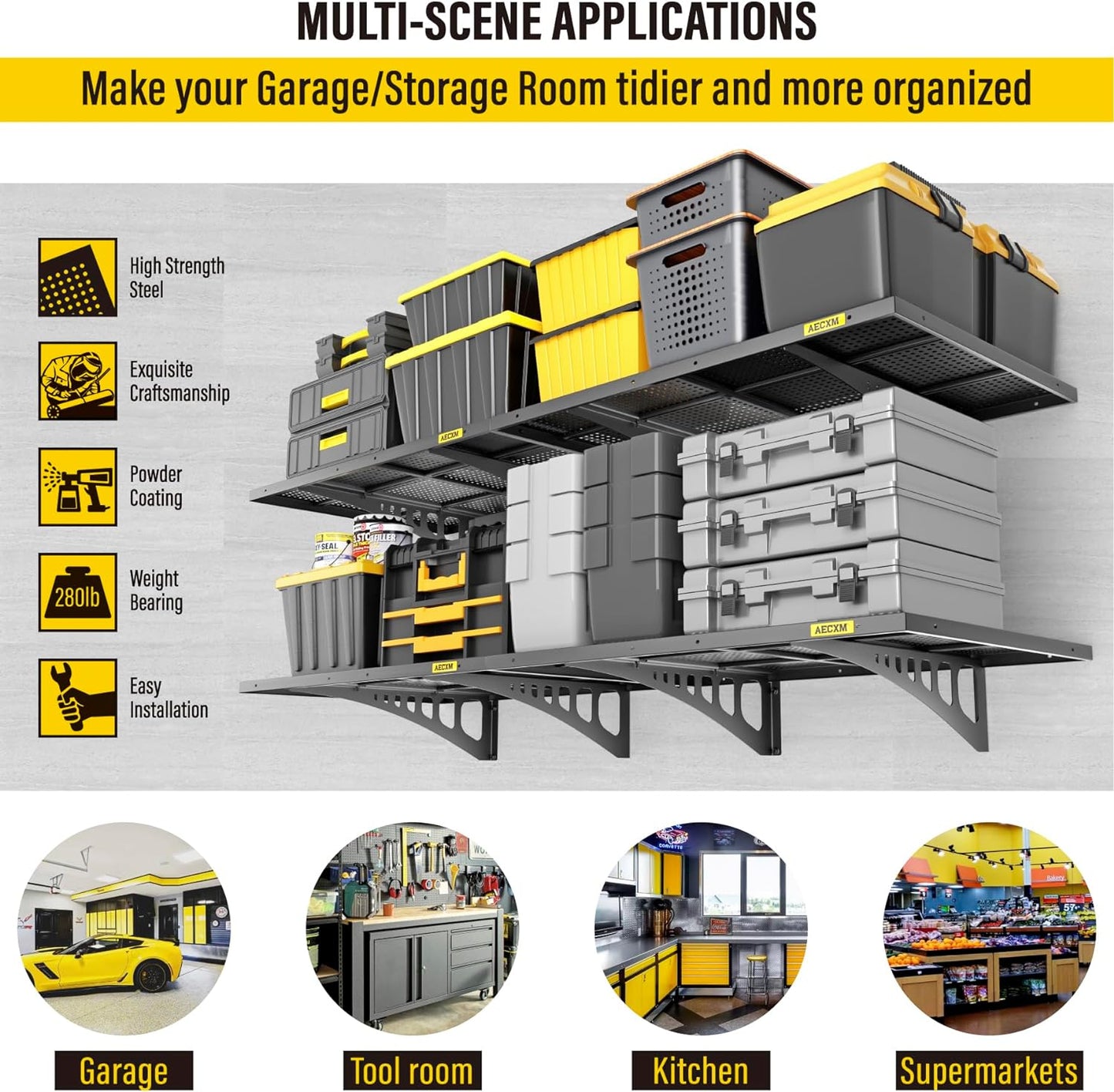 4-pack 2x3ft Adjustable Garage Wall Shelving 1120lbs Load Capacity Heavy Duty Wall Mounted Storage Shelf Metal Floating Shelves for Garage(Black)