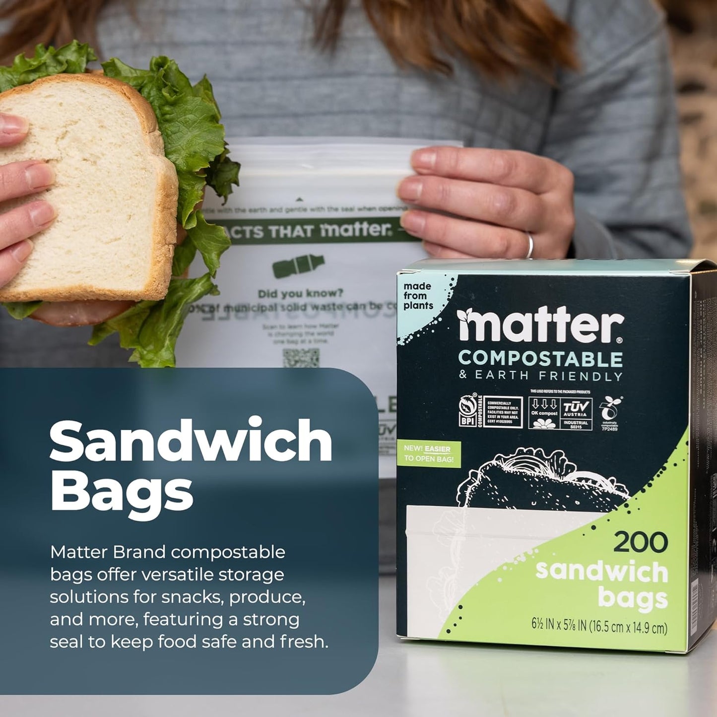 Matter Compostable Sandwich Bags for Food Storage, Eco-Friendly, Resealable, 200 Count