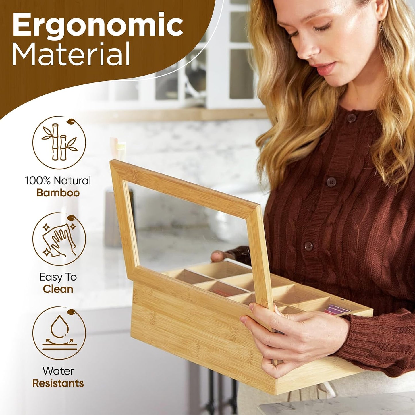 Fuller Bamboo Tea Box Organizer with 8 Compartments – Natural Bamboo Tea Storage Case with Clear Acrylic Lid – Elegant Fuller Tea Caddy for Tea Bags, Coffee Pods, Spices & More – Home & Office