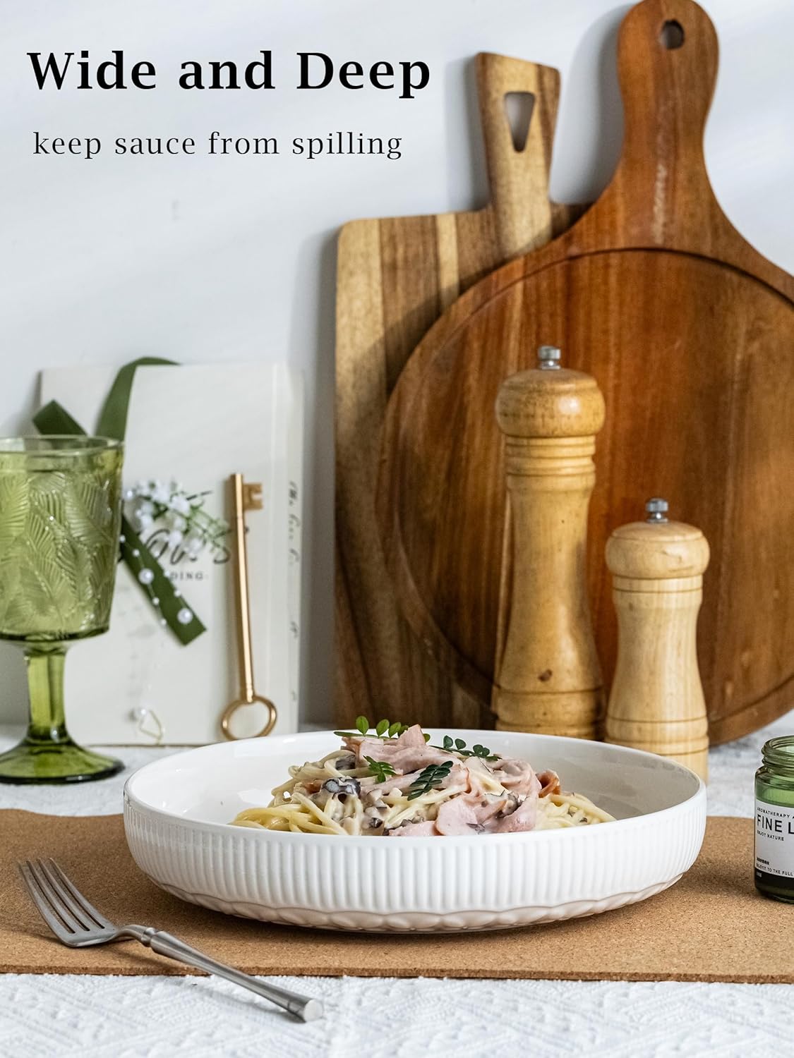 YHOSSEUN 9.75" Pasta Bowls Set of 4, 50 OZ Large Salad Serving Bowls Pasta Plates, White Soup Bowl for Kitchen Meal Prep, Ceramic Shallow Dishes Dinner Bowl, Clover Stripe