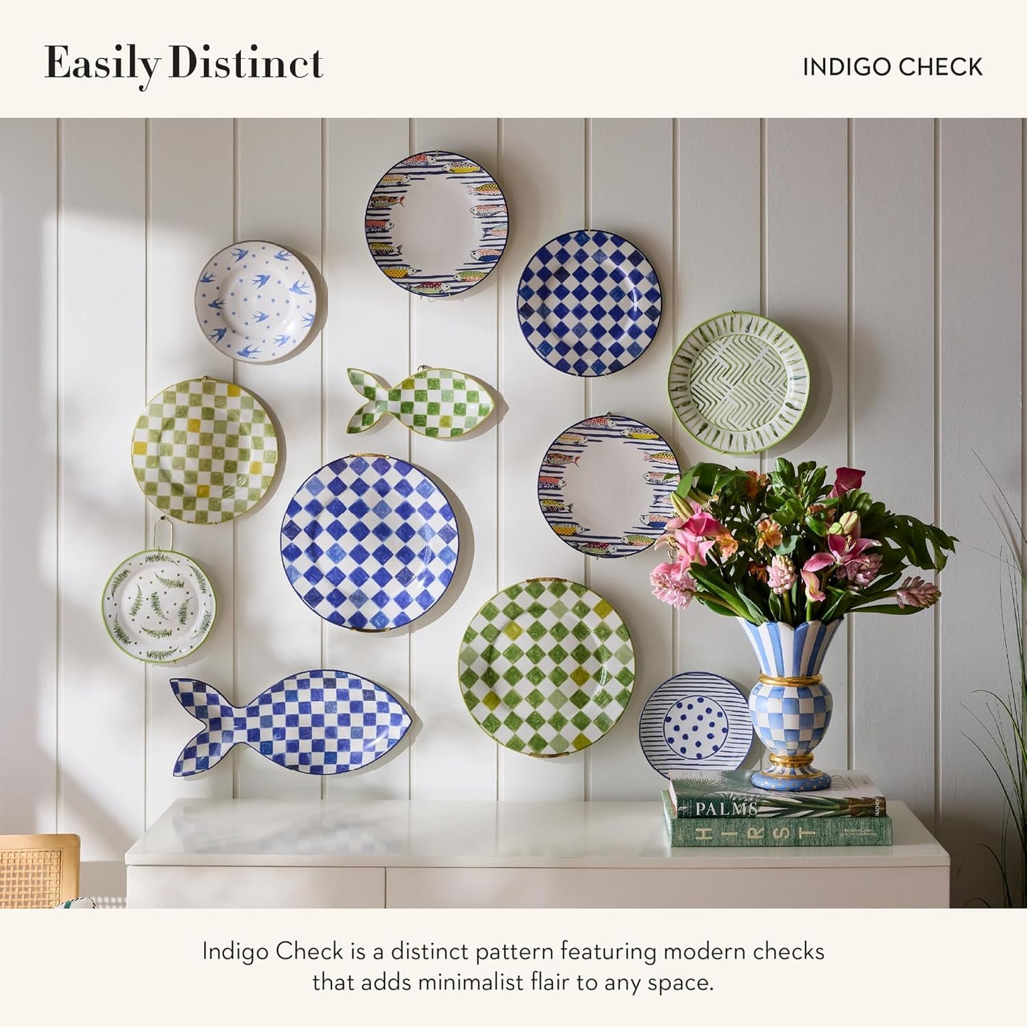 MACKENZIE-CHILDS Round Platter, Dishwasher-Safe and Microwave-Safe Stoneware Serving Platter, Indigo Check