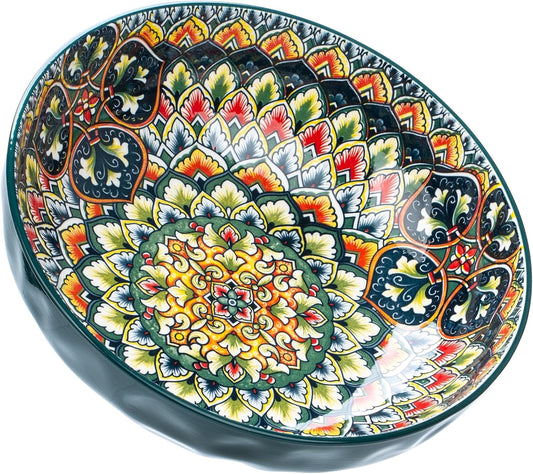 Large Serving Bowls, 75 Oz Fruit Salad Bowls, Bohemian Style Large Porcelain Dishes for Entertaining Parties,Big Bowls for Eating Soup, Salad, Pasta, Fruit, Chips, 10.3 Inch Diameter (green)