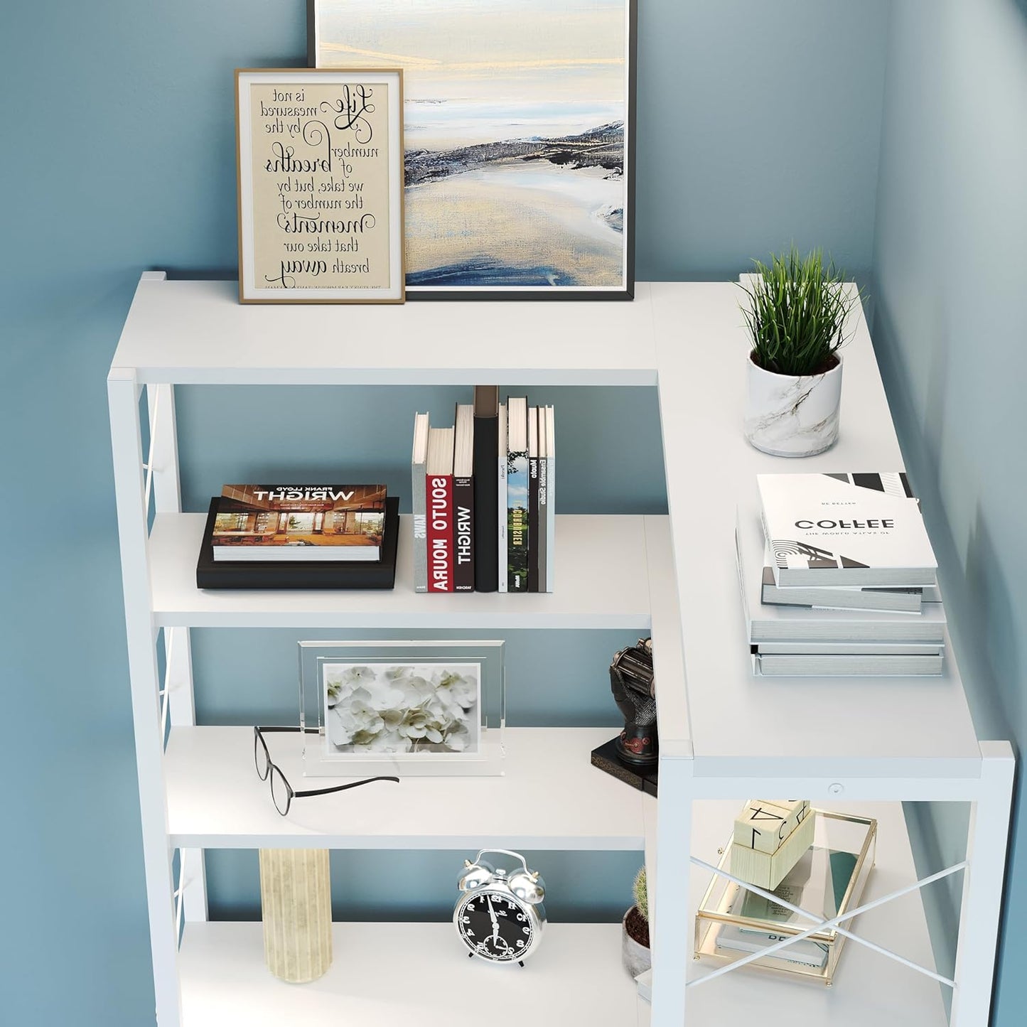 Corner Bookshelves 6 Tier, Farmhouse Wooden Bookcases for Corner, L Shaped Etagere Bookshelf with Storage for Living Room Home Office