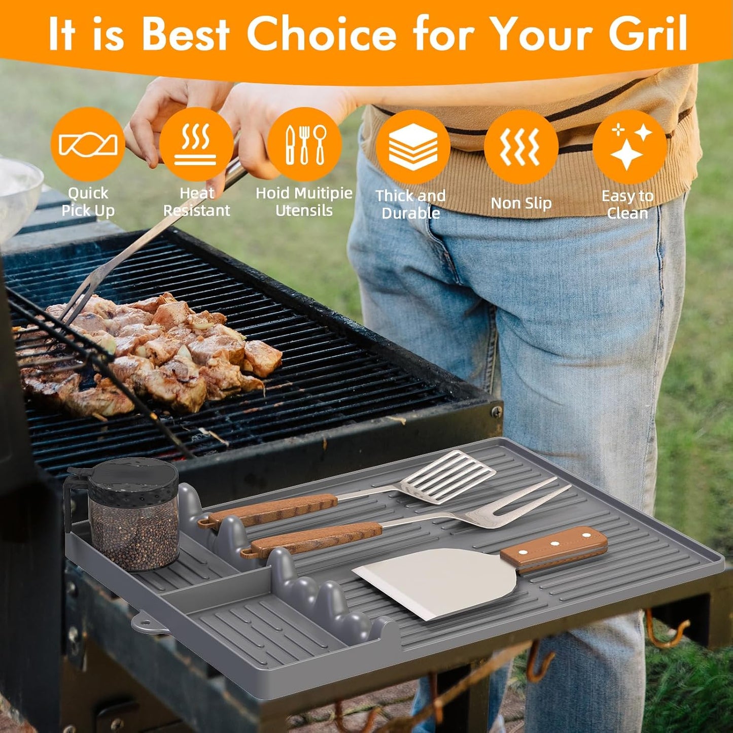 Griddle Mat Compatible with Blackstone, Silicone Grill Tools with Drip Pad, Spatula Mat for Outdoor Grill, Side Shelf Pad (Grey)