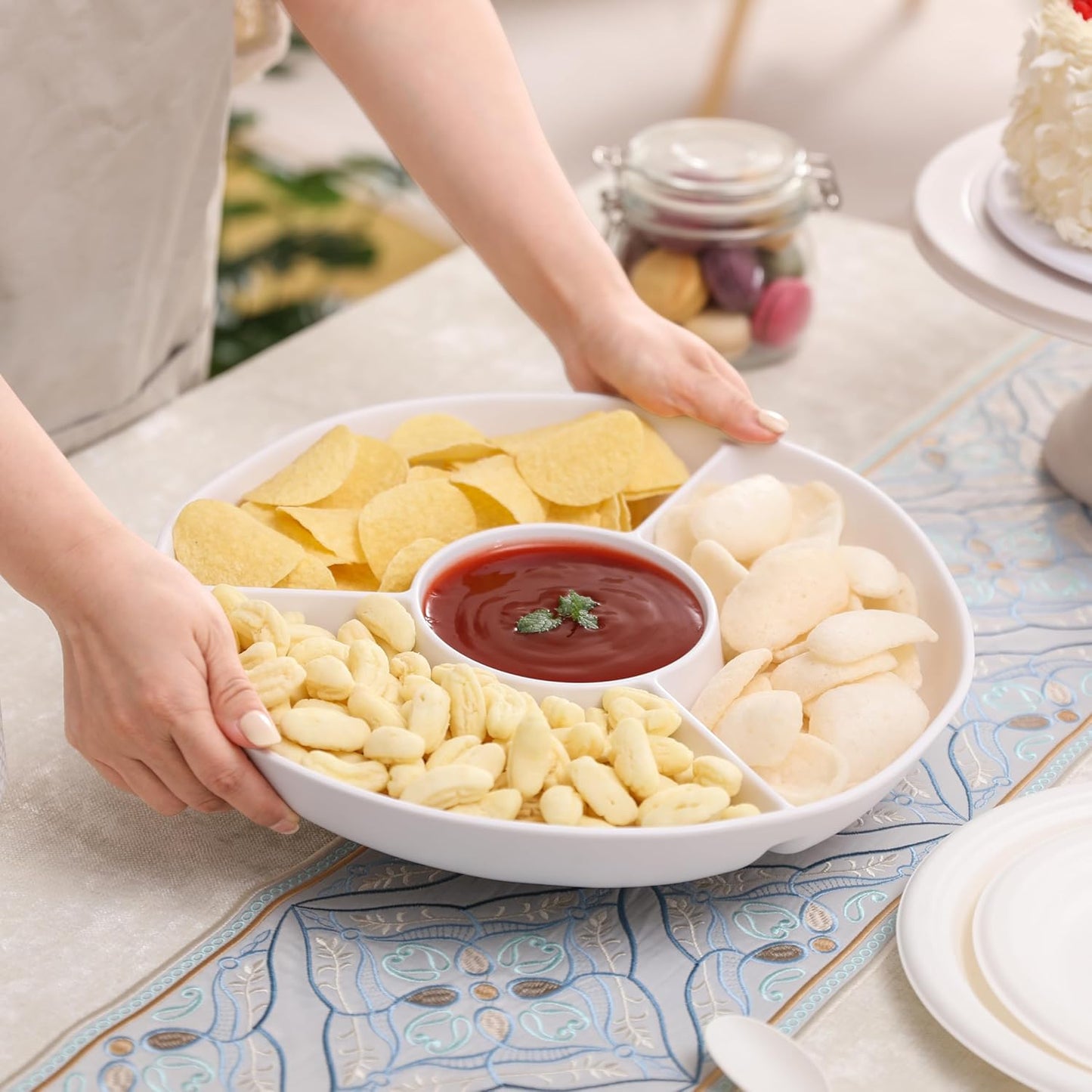 White Chip and Dip Serving Set, Divided Serving Platter Set, 4 Section Appetizers and Cheeses Serving Tray, Compartment Dishes for Party, Christmas, Dessert, Fruit, Candy, 13-inch, Set of 2