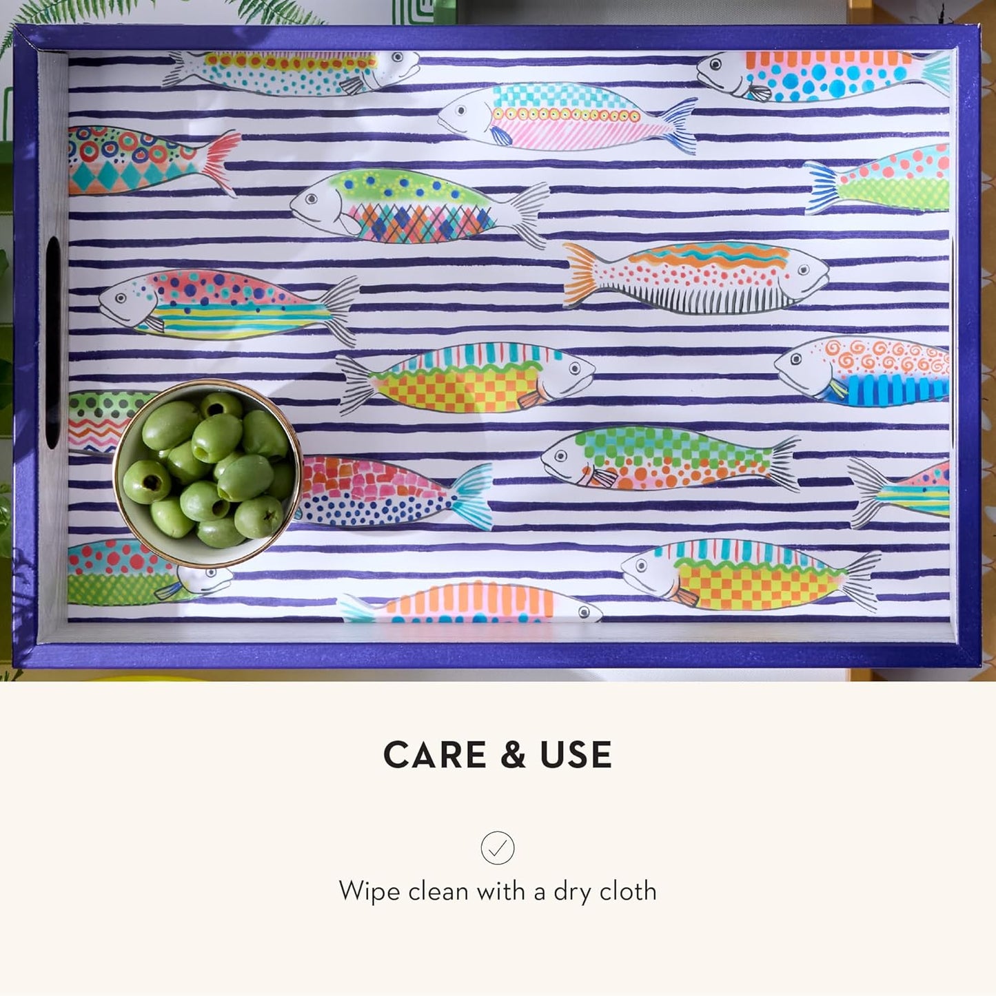 MACKENZIE-CHILDS Wooden Tray with Handles, Rectangular Tray for Serving, Go Fish