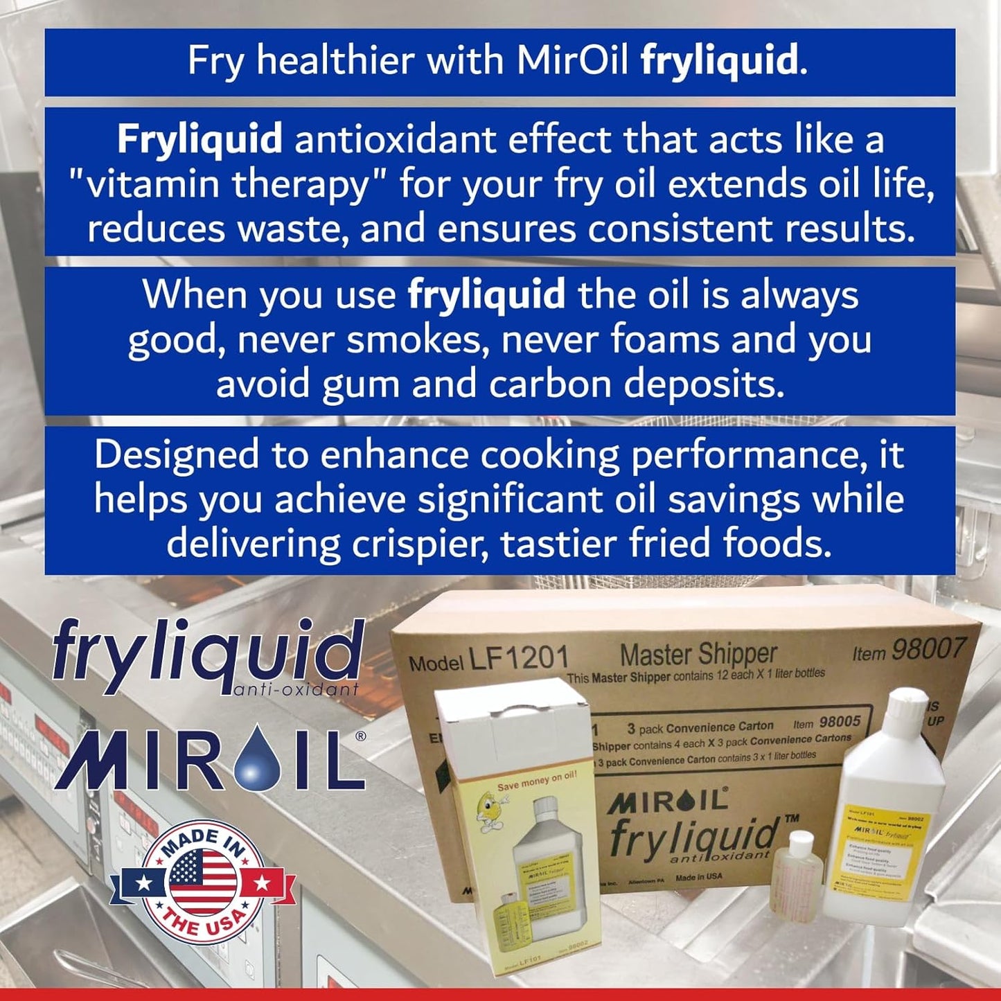 1 Liter Bottle FryLiquid by MirOil, Antioxidant for Frying, Removes Unhealthy Fat, Prevents Breakdown, Vitamin Therapy, Extend Deep Fryer Oil Life for Donut Shop, Restaurant, Food Truck & Food Service