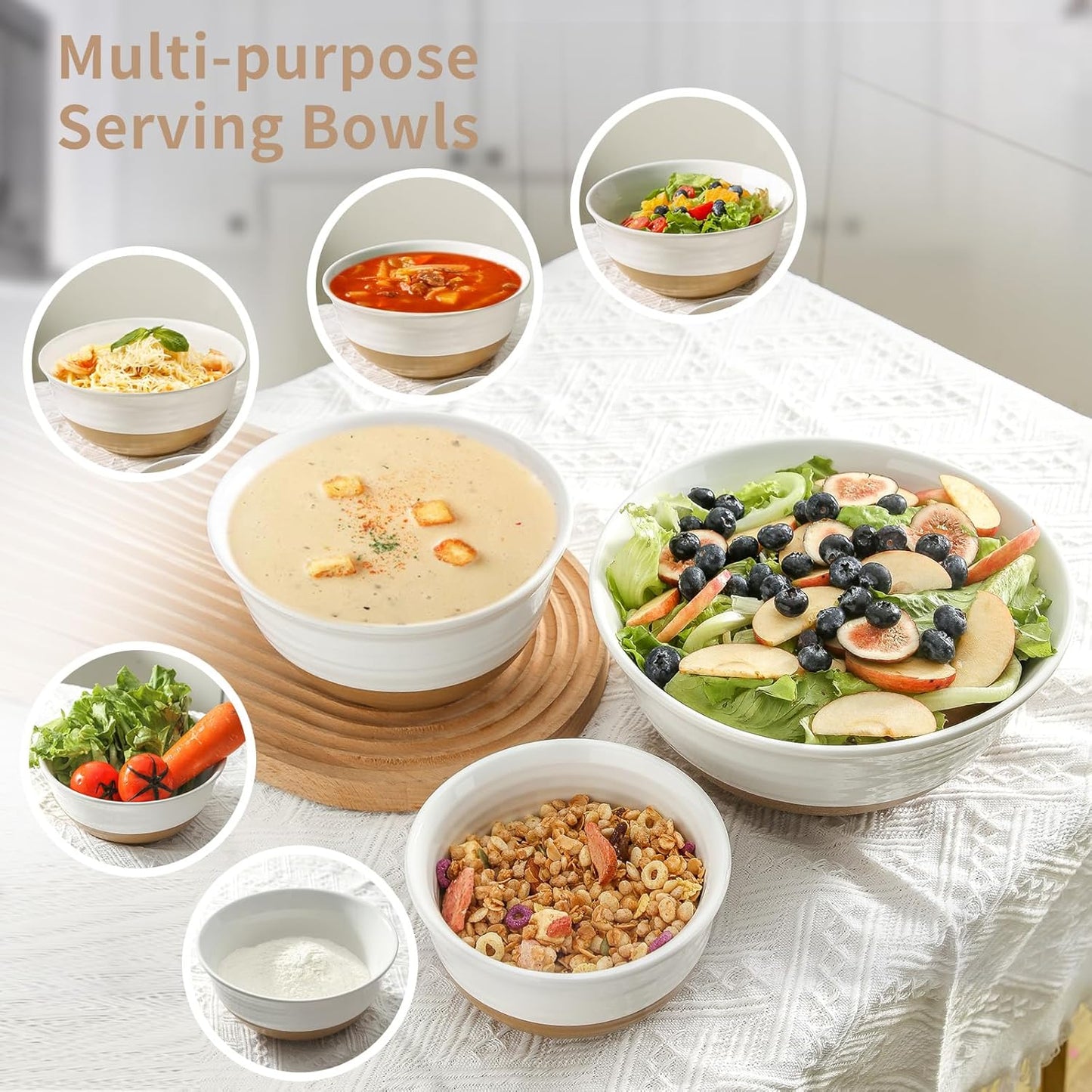 Hasense Ceramic Mixing Bowls, Large Salad Pasta Bowls Set, 2.1/1.0/0.5 Qt Serving Bowls for Entertaining, White Nesting Batter Bowls for Prepping Baking, Dishwasher Microwave Safe, Set of 3