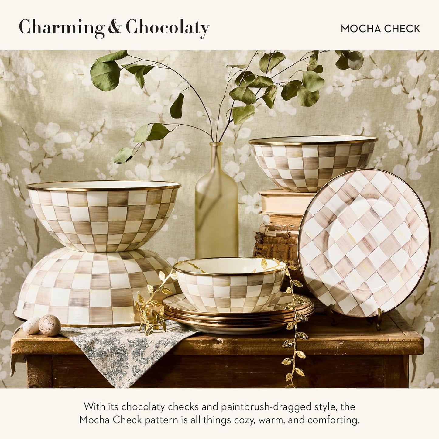 MACKENZIE-CHILDS Enamel Everyday Bowl, Serving Bowl for Entertaining, Small, Brown-and-White Mocha Check