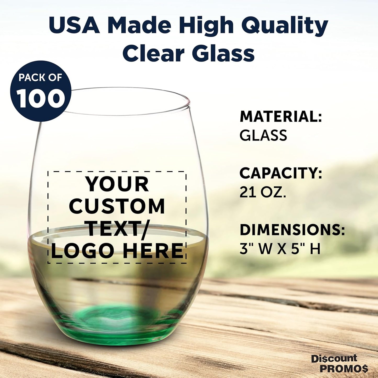 DISCOUNT PROMOS 100 ARC Stemless Wine Glasses Set, 21 oz. - Customizable Text, Logo - Chardonnay, Cabernet, Merlot, Sauvignon - Green