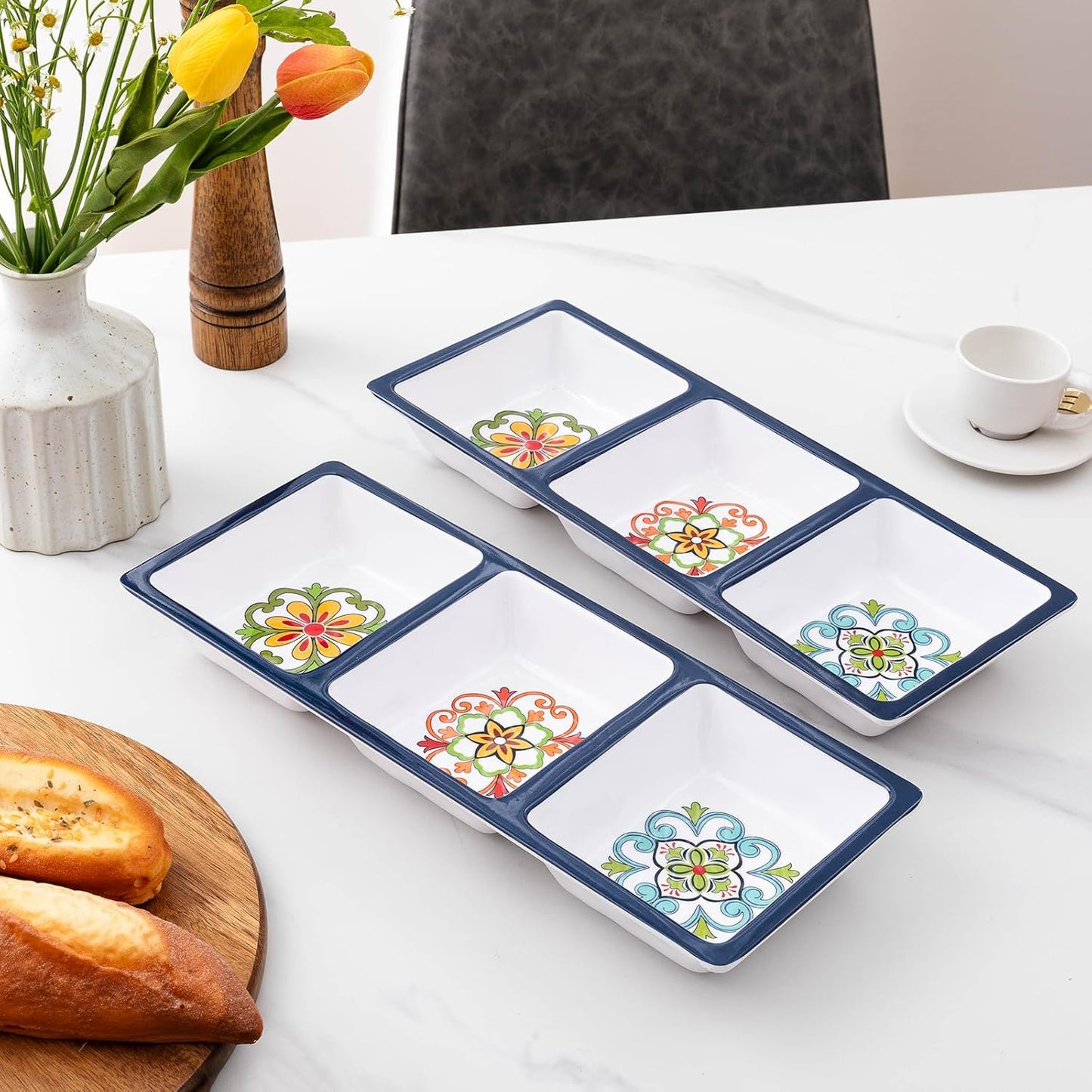 Divided Serving Tray, 14.75”x 6” Reusable 3-Section Party Platters, Condiment Serving Dishes for Entertaining, Ideal for Snacks, Appetizers, Fruit, Candy, Chip & Dip Set,White