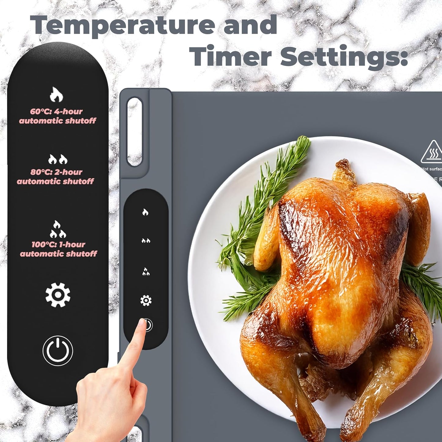 OMEO Food Warming Mat - Electric Warming Tray with 3 Temperature Settings and 1-4 Hours Timer, Full Surface Graphene Food Warmer, Premium Rollable Silicone Heating Mat Food, Gatherings, Parties(Grey)