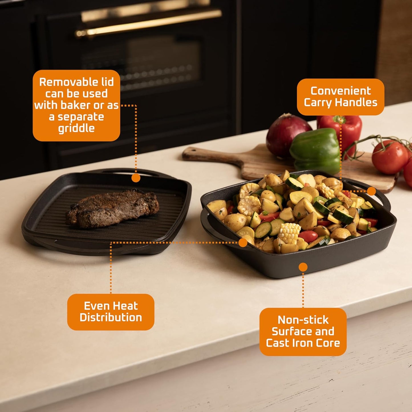 Bruntmor 2-in-1 Pre-Seasoned Cast Iron Dutch Oven and Grill Pan with Dual Handles - 11-Inch Non Stick Square Casserole Dish with Lid - Cast Iron Cookware for Braising, Crock Pot and Oven Safe Skillet