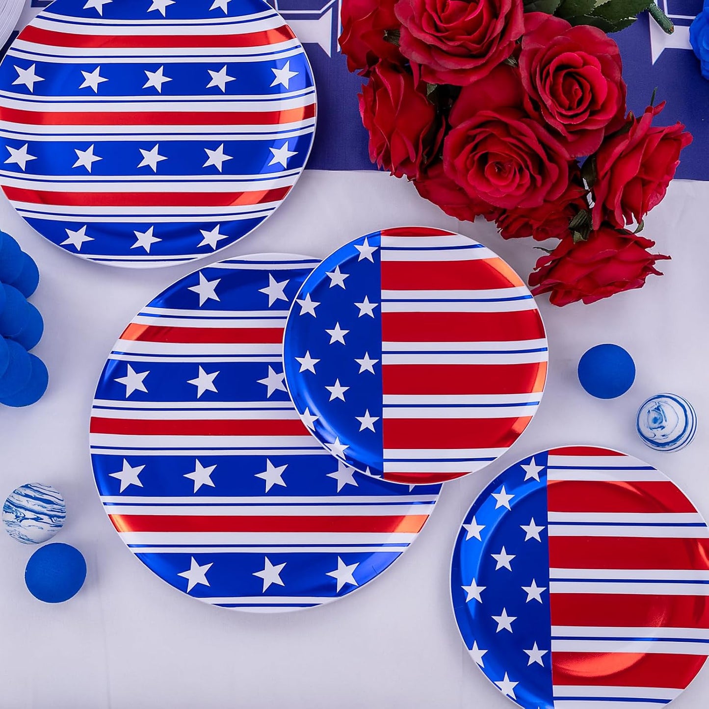 FLOWERCAT 60PCS 4th of July Plates & Red White Blue Plates for Independence Day, Memorial Day - American Flag Plastic Plates Include 30PCS 10.25inch Dinner Plates and 30PCS 7.5inch Dessert Plates