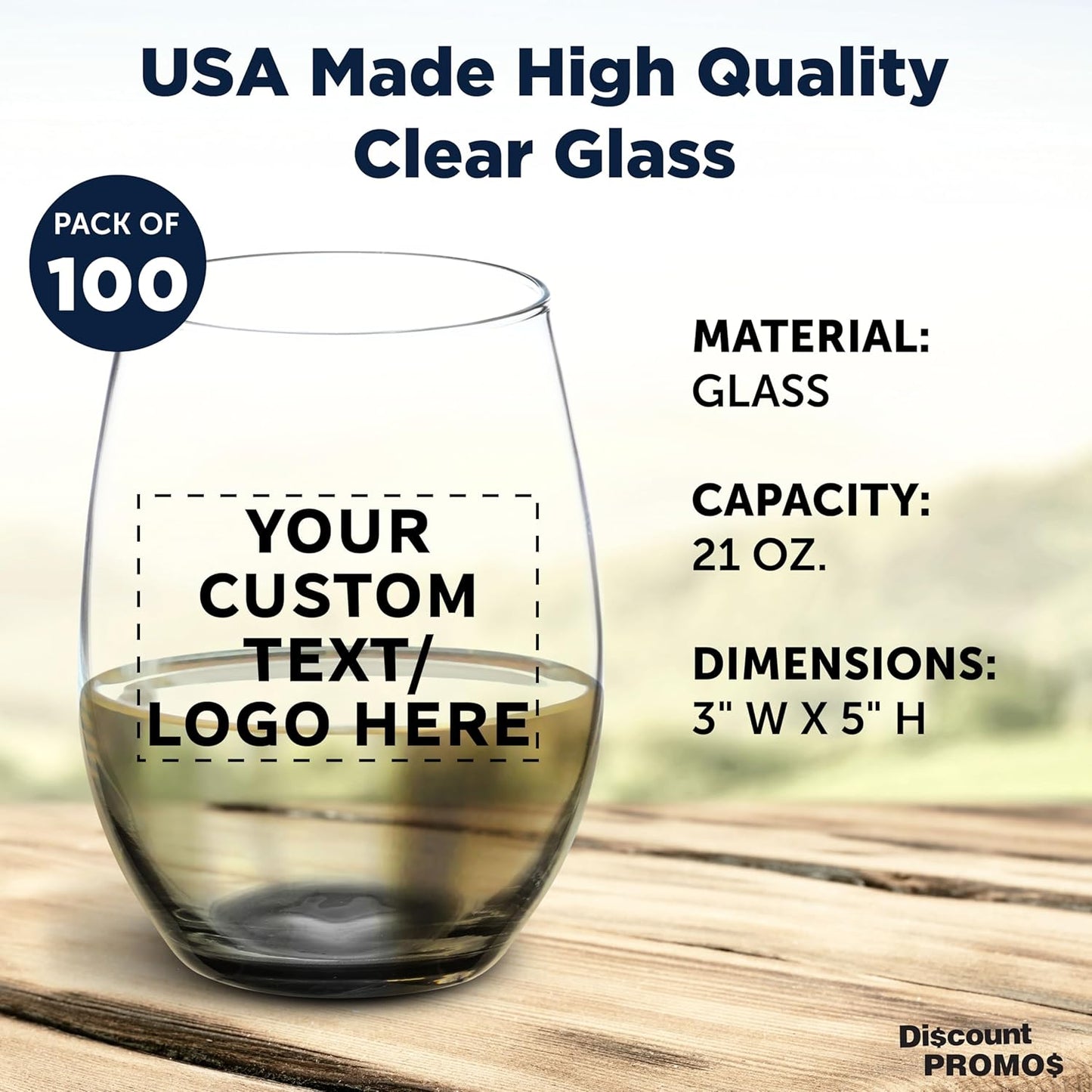 DISCOUNT PROMOS 100 ARC Stemless Wine Glasses Set, 21 oz. - Customizable Text, Logo - Chardonnay, Cabernet, Merlot, Sauvignon - Black