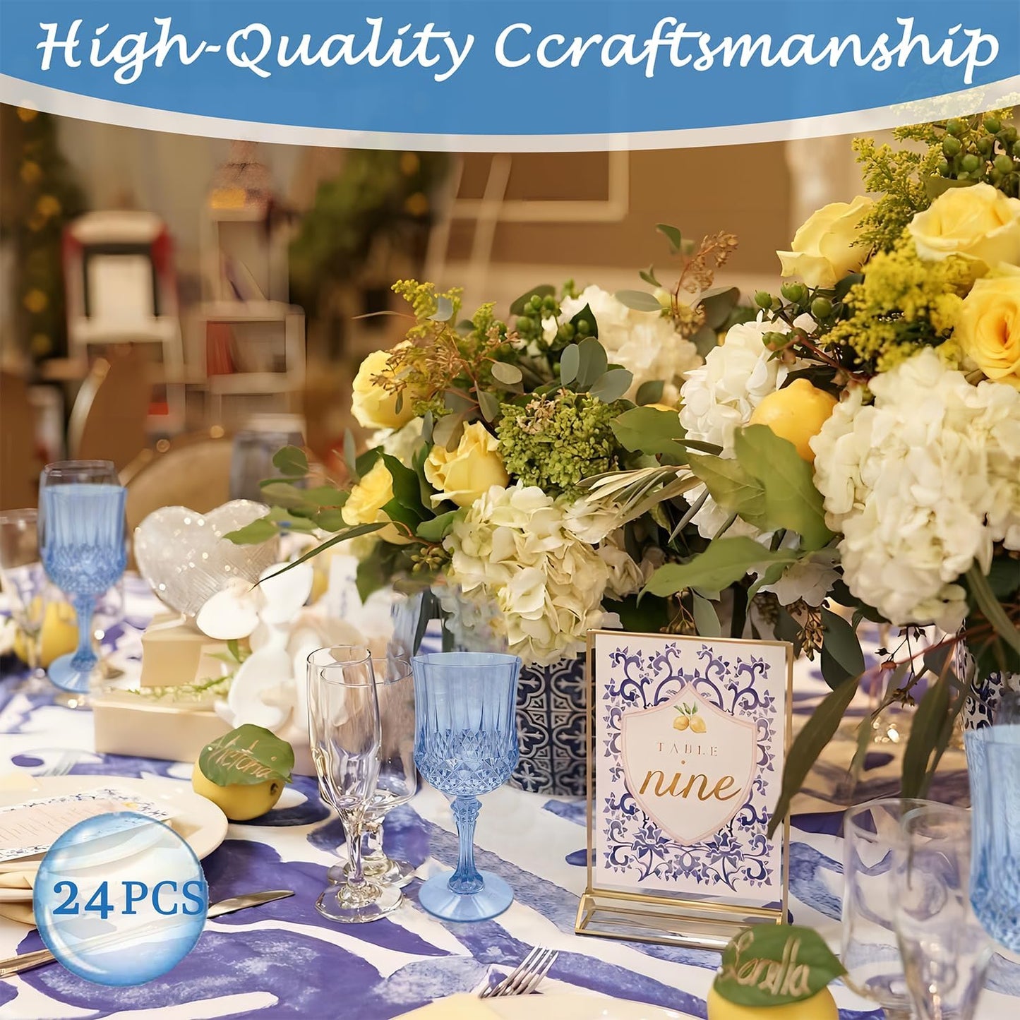 Plastic Wine Glasses，Plastic Goblets Vintage Style Cordial Drinking Glasses for Wedding Reception, Grand Event Party Supplies (24, Blue)