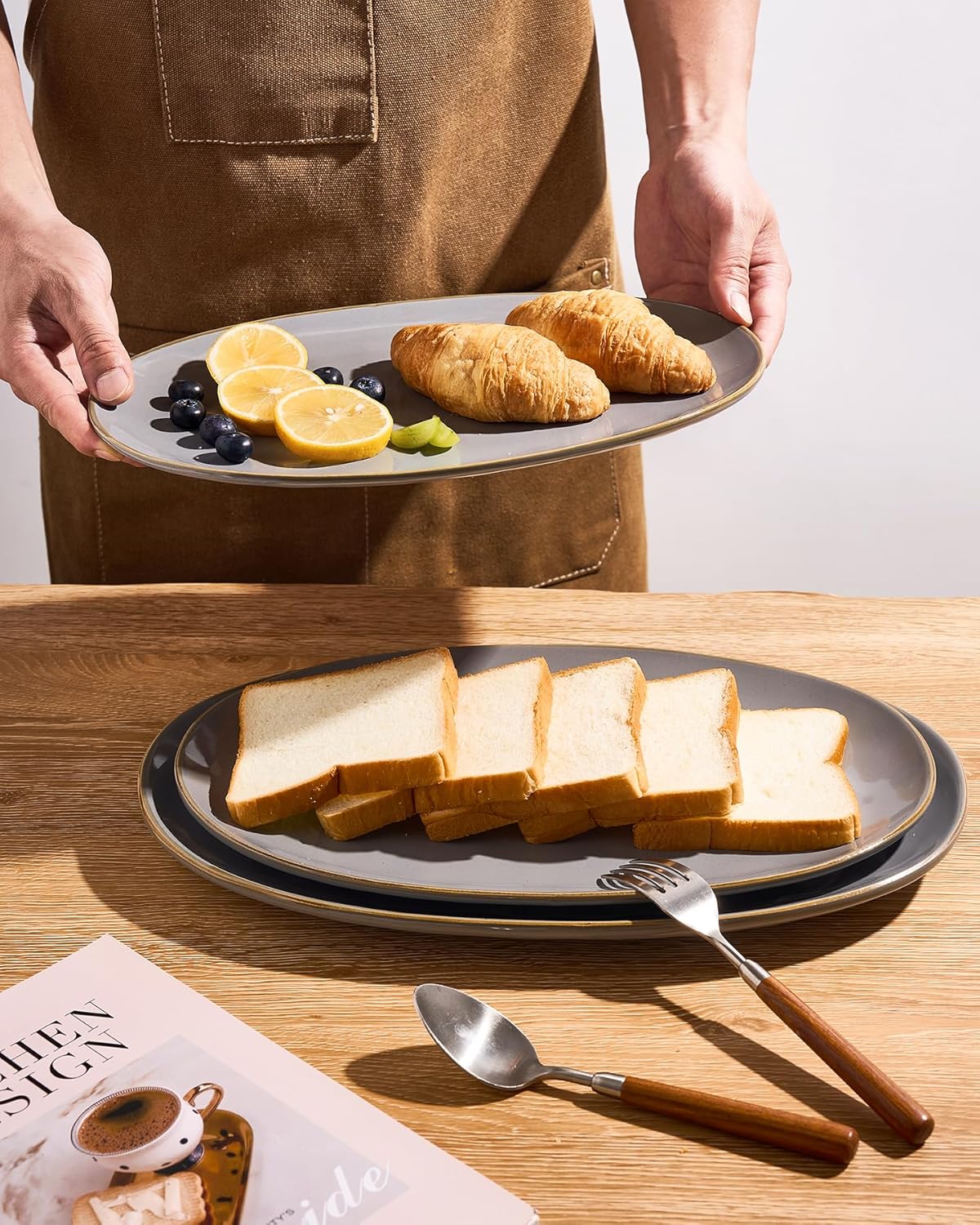 famiware Serving Platter, Oval 15.59/14.3/12.9 inch Serving Dishes for Entertaining, Serving Bowls, Microwave Safe, Fine Stonware Serving Trays for Party, Turkey, Cheese, Ocean Series, Dark Grey