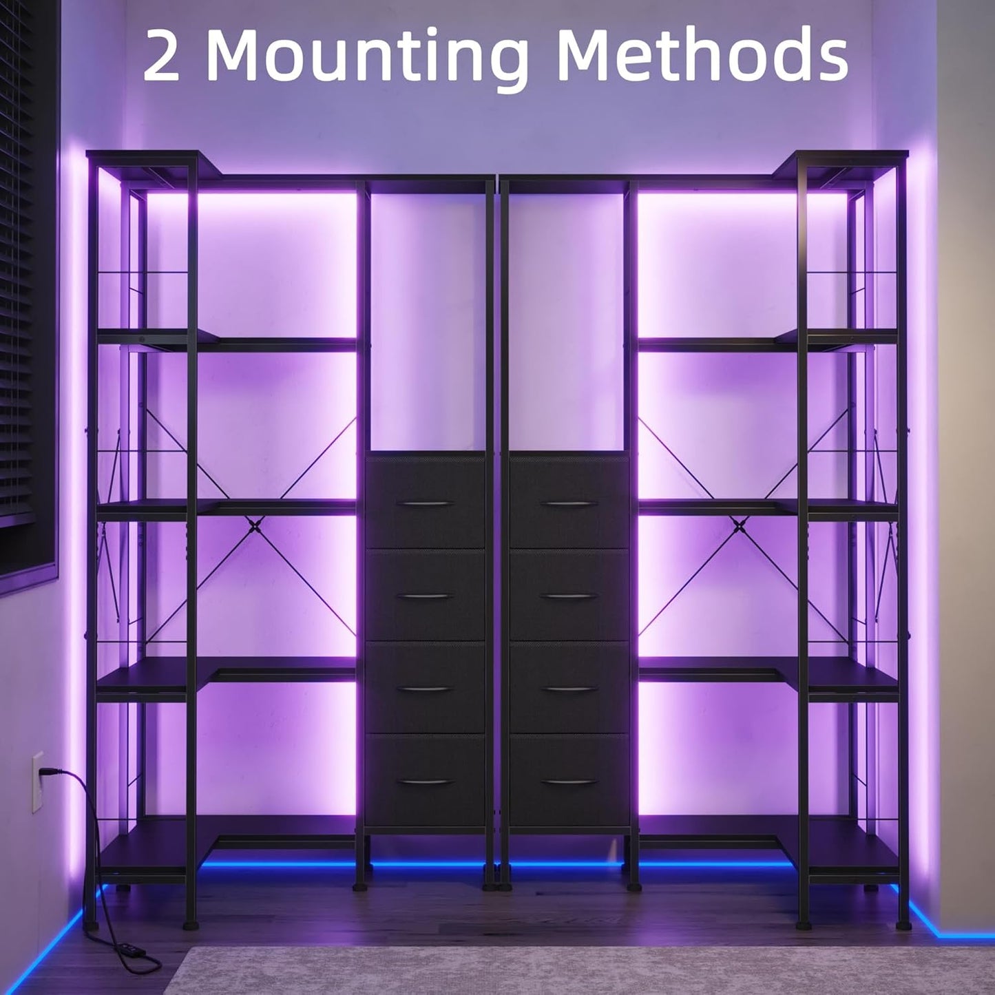 Corner Bookshelf with LED Light Strips & 4 Fabric Drawers, 5-Tier Convertible Corner Shelf with Display Shelf, Large Wood Industrial Bookcase for Living Room, Bedroom, Home Office, Black