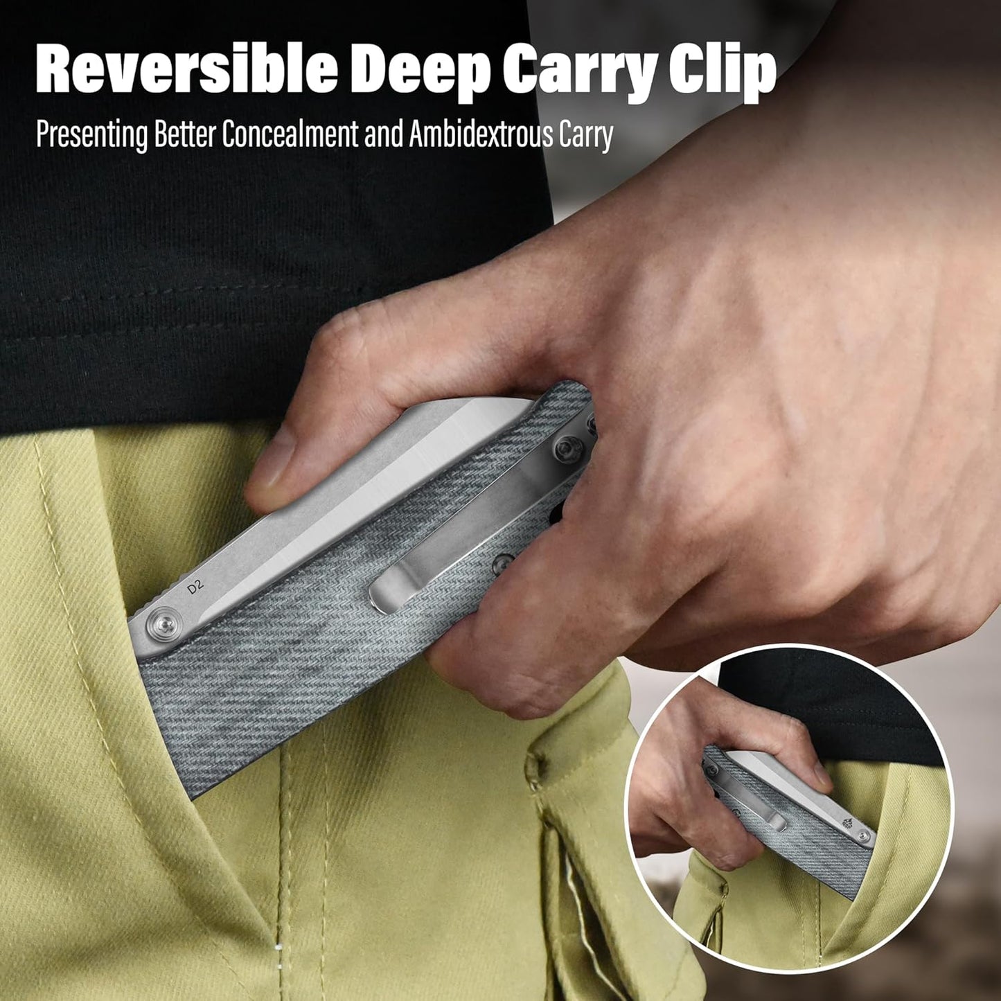 QSP Penguin V2 Folding Pocket Knife, 3.06" D2 Two Tone Finish Stonewash Satin Blade EDC Knife, Denim Micarta Handle, Liner Lock, Ceramic Ball Bearings, Reversible SS Deep Carry Clip