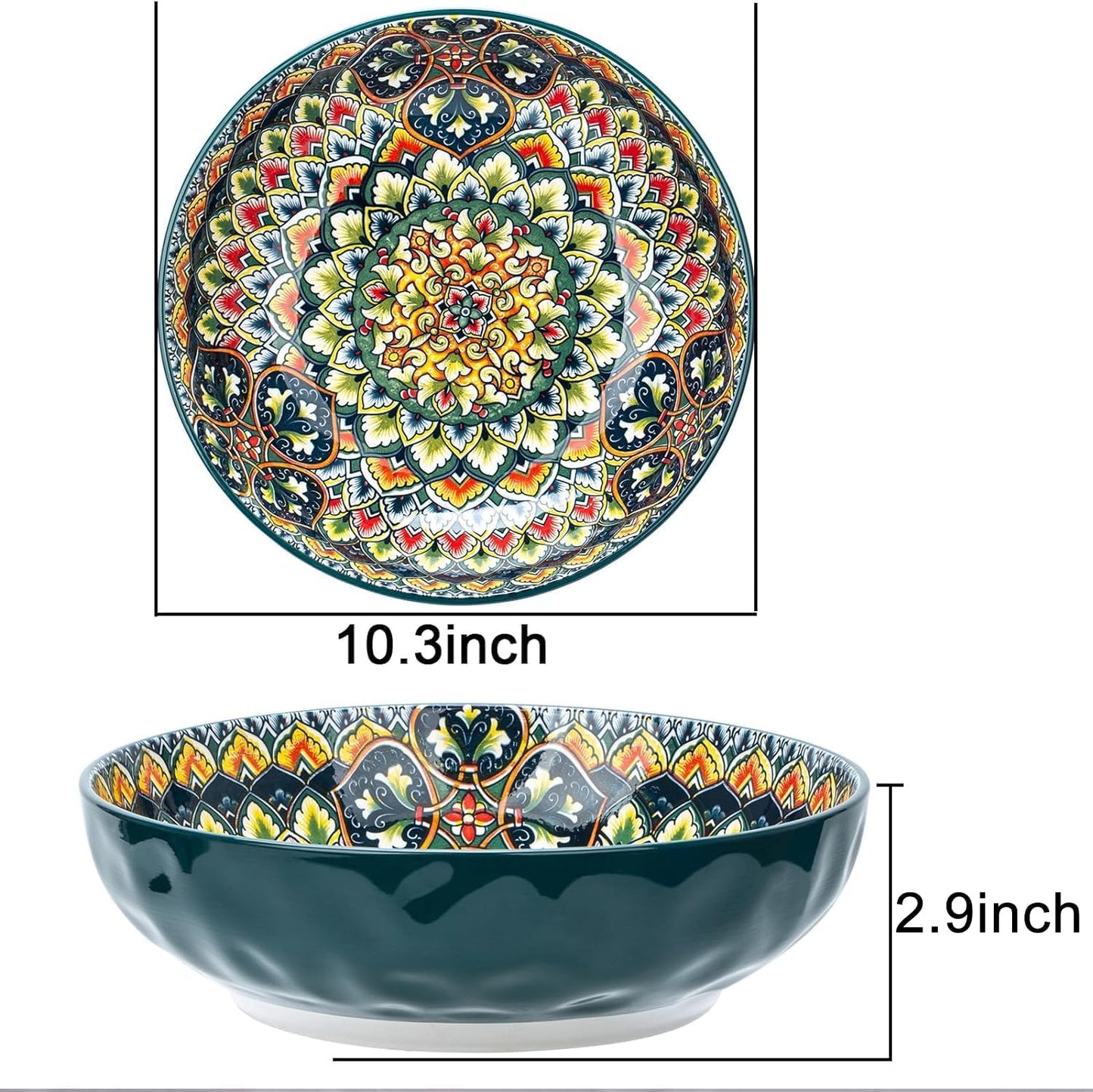 Large Serving Bowls, 75 Oz Fruit Salad Bowls, Bohemian Style Large Porcelain Dishes for Entertaining Parties,Big Bowls for Eating Soup, Salad, Pasta, Fruit, Chips, 10.3 Inch Diameter (green)