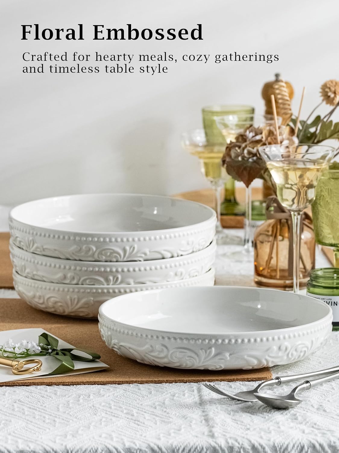 YHOSSEUN 9.75" Pasta Bowls Set of 4, 50 OZ Large Salad Bowl Pasta Plates, Ceramic Serving Bowl Plate White Soup Bowls, Embossed Morning Glory