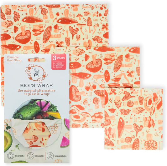 Bee's Wrap Beeswax Wraps for Food - Mushroom Magic 3 Pack (S, M, L) Made in USA Reusable & Organic Food Wraps, Sandwich Wrap & Bowl Covers - Eco-Friendly Alternative to Aluminum Foil & Plastic Wrap